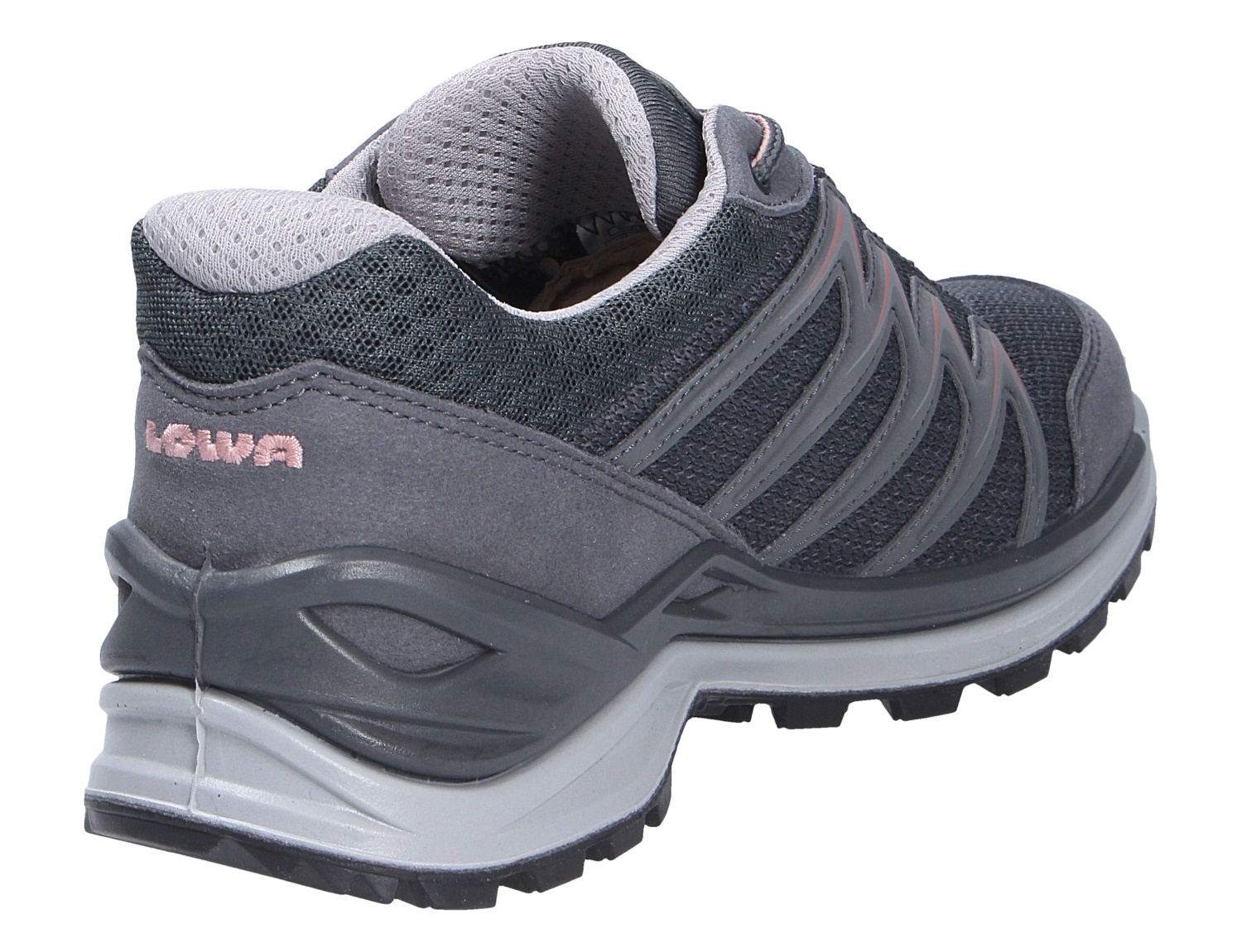 Lowa INNOX PRO GTX LO Ws Damen-Outdoorschuh in Grau mit robuster Sohle, gezeigt in Rück- und Seitenansicht