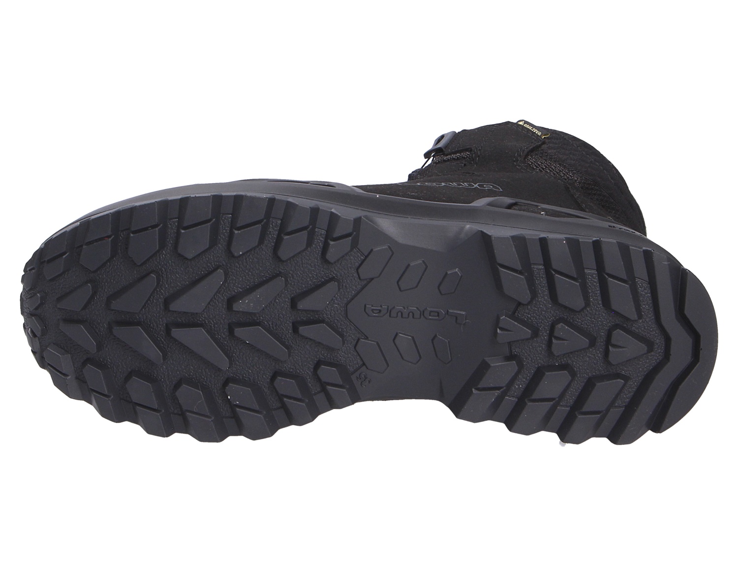 Unteransicht der profilierten Laufsohle des Lowa MILO EVO GTX HI BOA JR Kinder-Outdoorschuhs in Schwarz