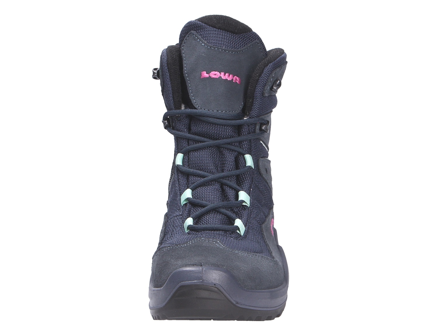 Frontansicht des Lowa LINO GTX HI JR, hoher wasserdichter Kinder-Wanderschuh in Navy mit Schnürung und robuster Sohle.
