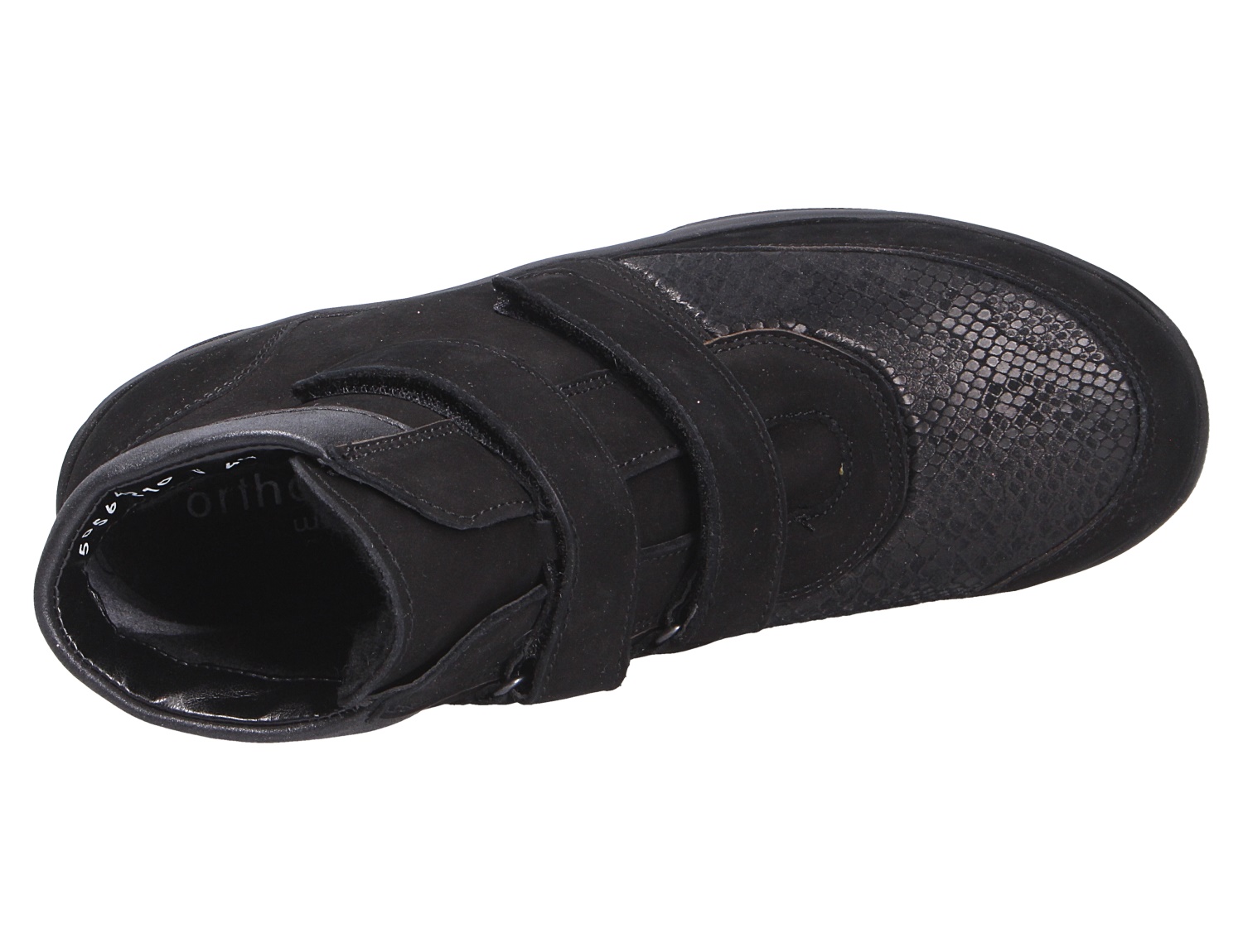 Draufsicht auf schwarze Waldläufer Damen Stiefel mit breiten Klettverschlüssen und strukturierter Vorderkappe