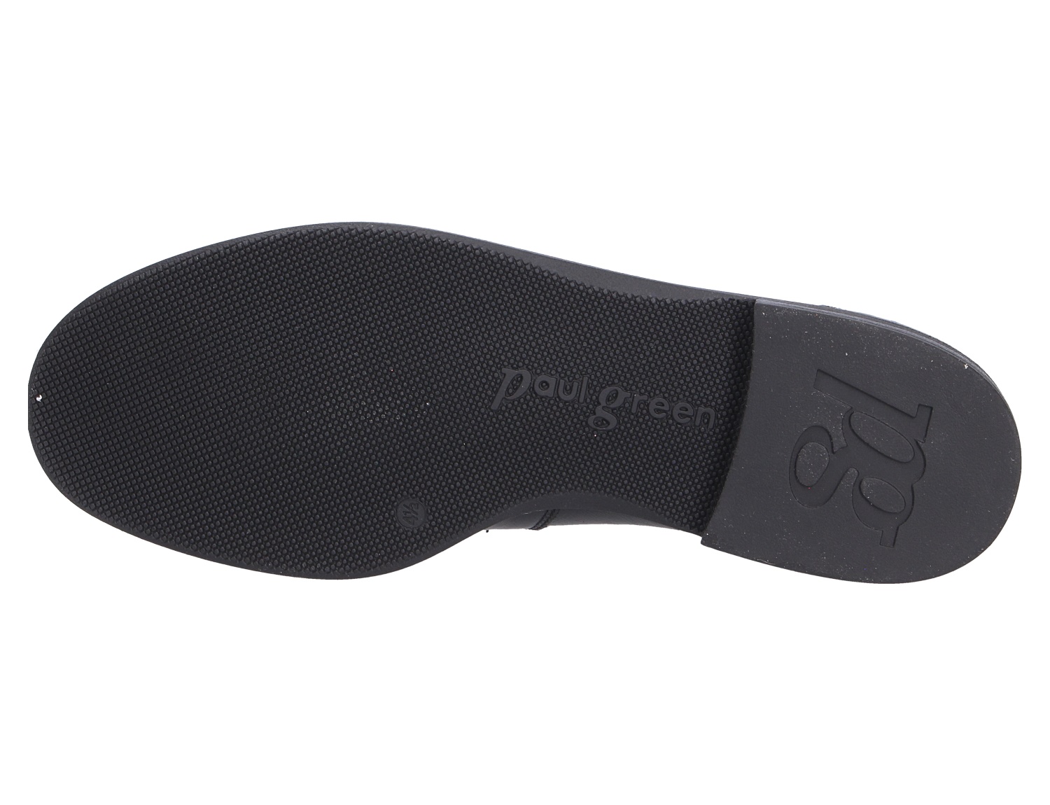 Unteransicht der schwarzen Laufsohle eines Paul Green Damen Slippers mit feiner Struktur und Logo-Prägung