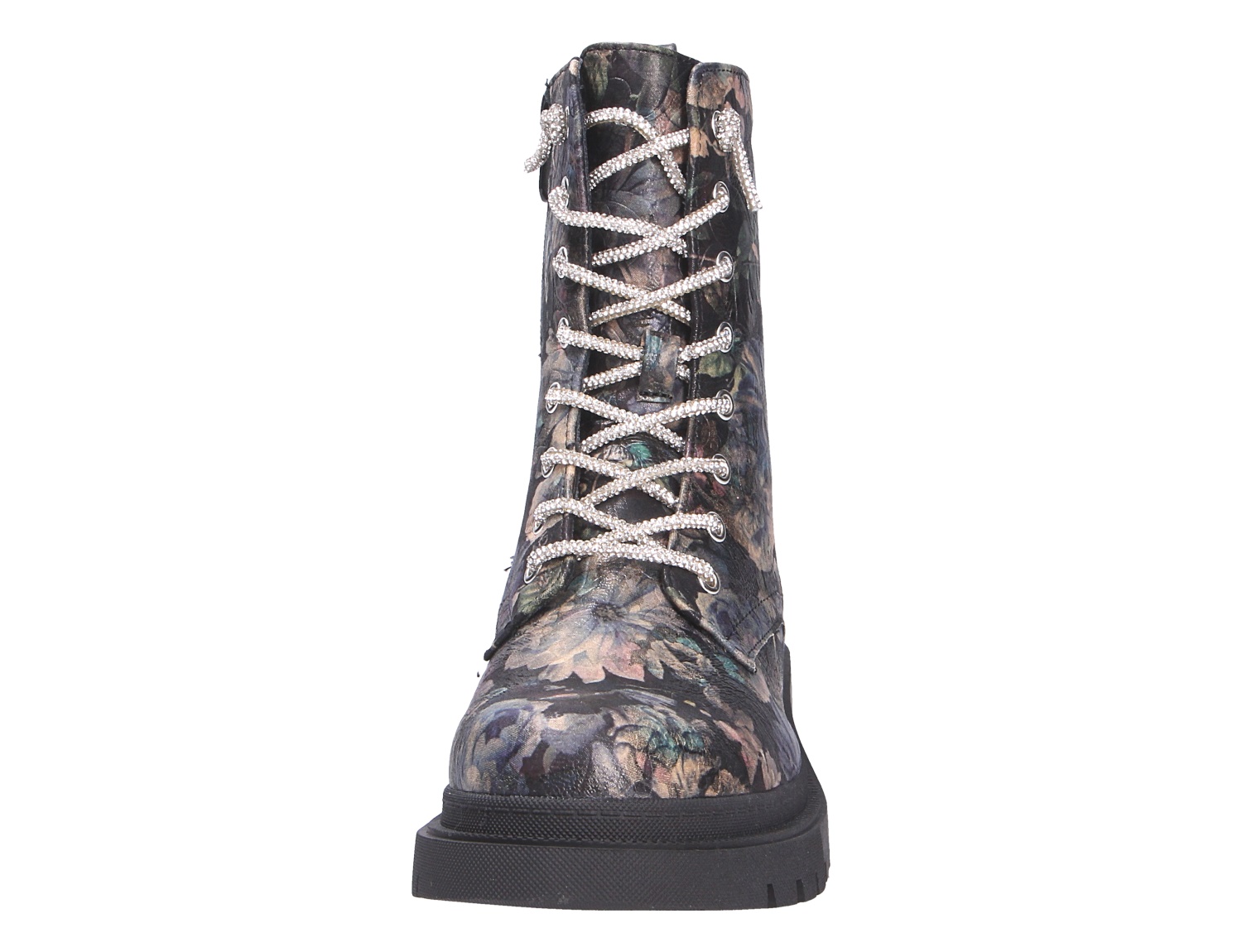 Frontansicht der La Strada Damen Stiefel mit floralem Muster, Glitzer-Schnürsenkeln und schwarzer Profilsohle