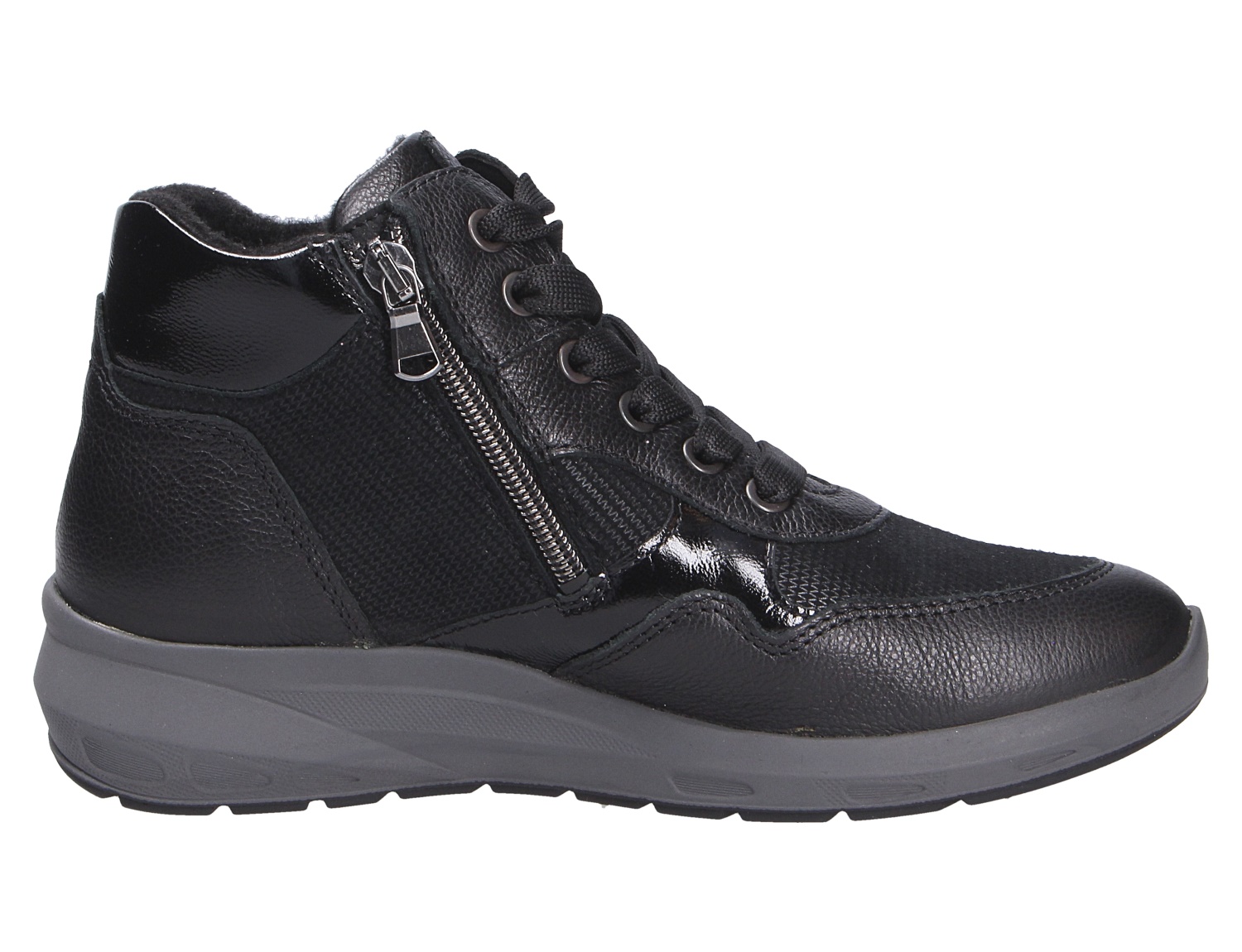 Waldläufer M-Tonia Damen-Sneaker in Schwarz, knöchelhoher Komfortschuh aus Leder mit Reißverschluss, Schnürung und Profilsohle