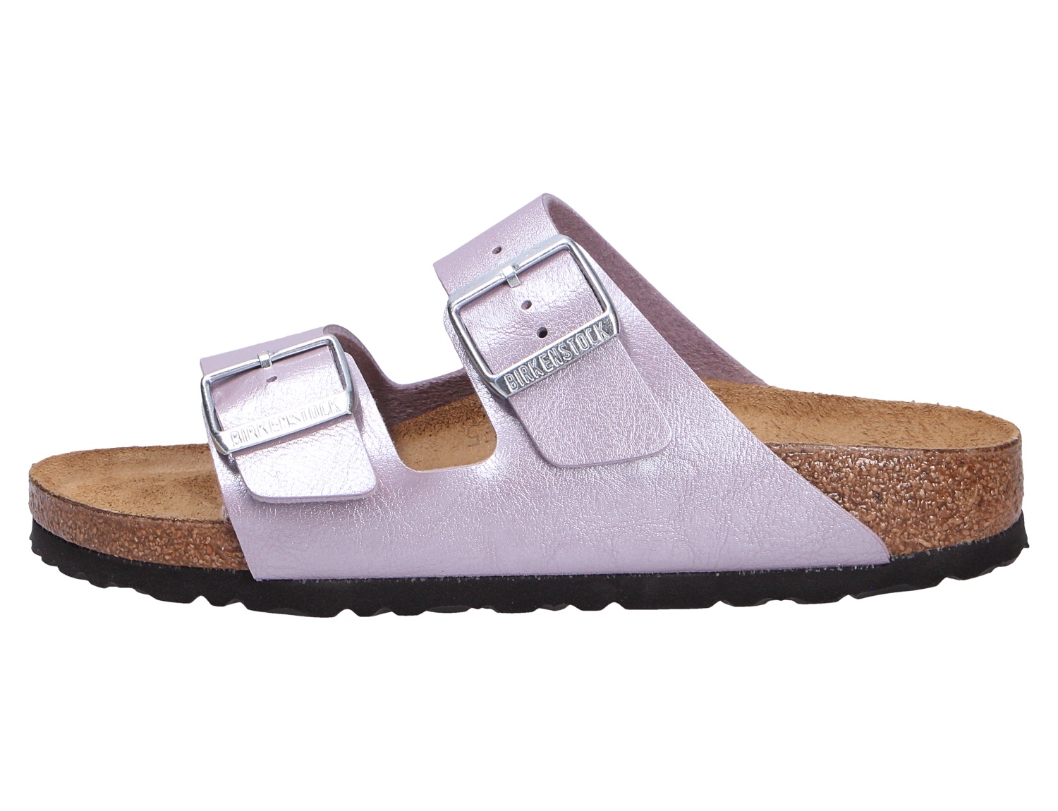Birkenstock Arizona Sandale in schimmerndem Fliederton mit zwei verstellbaren Riemen und Kork-Latex-Fußbett, Seitenansicht