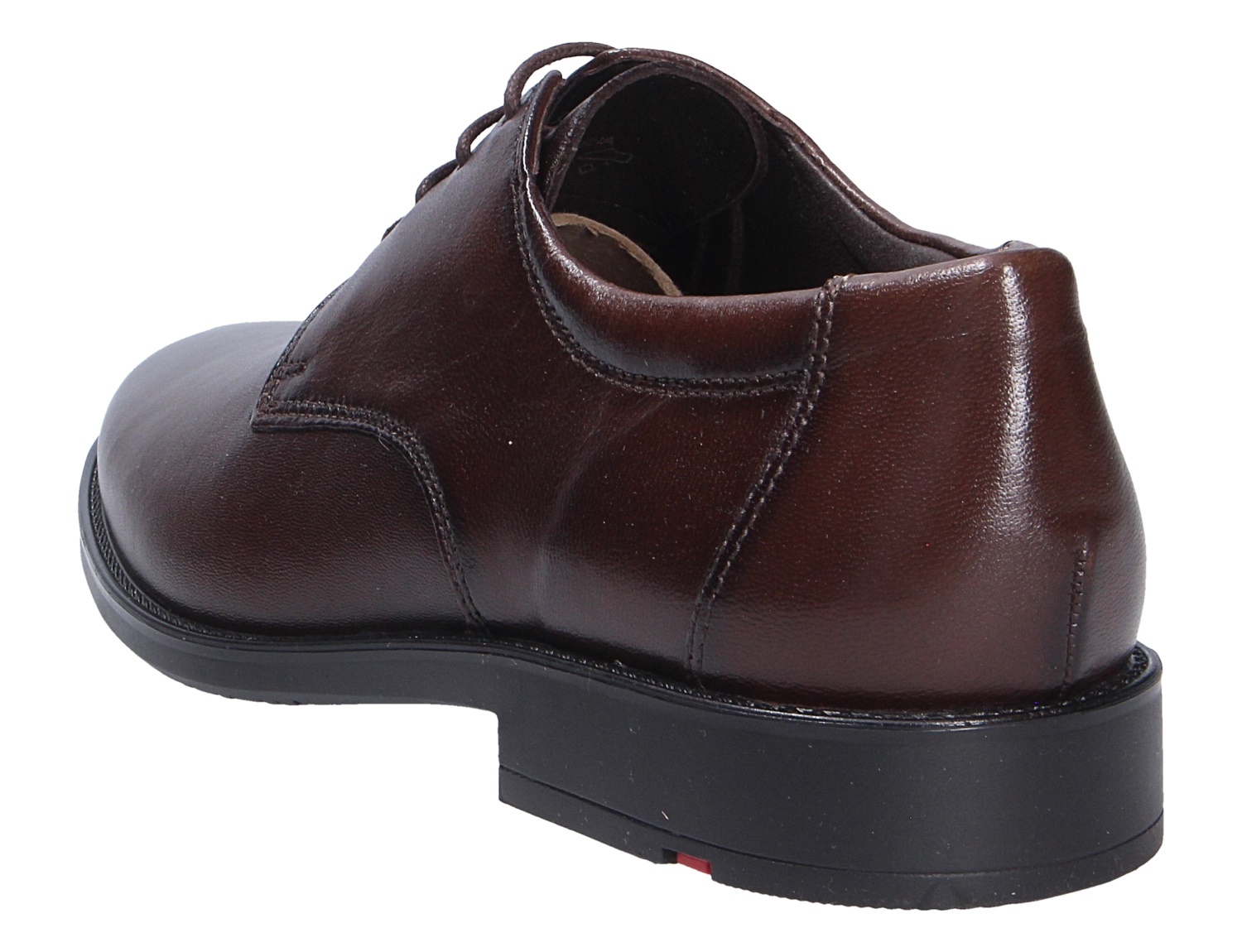 Lloyd CORE 110 Herren-Schnürschuh aus braunem Glattleder mit schwarzer Sohle in seitlicher Rückansicht