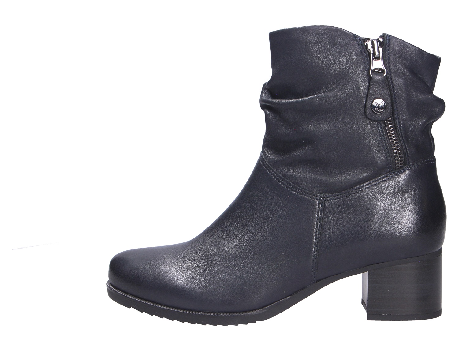 Caprice Damen Stiefel in Dunkelblau, knöchelhoch mit seitlichem Reißverschluss, leicht gerafftem Schaft und Blockabsatz
