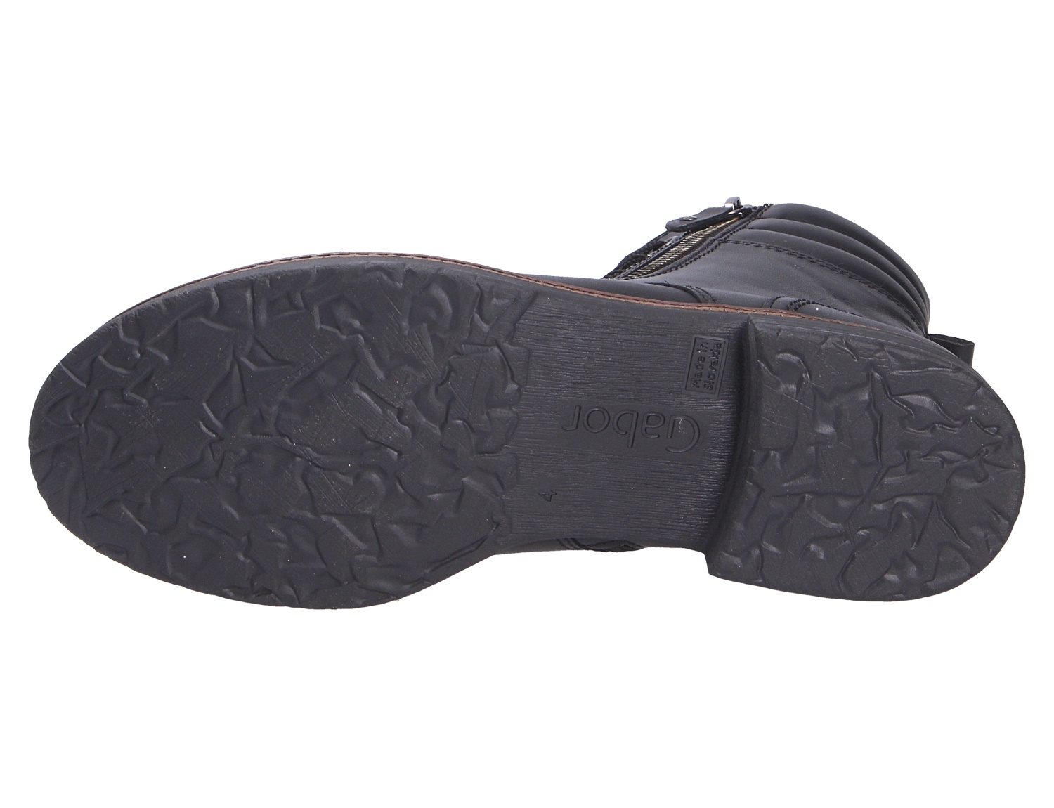 Unteransicht der schwarzen Gabor Damen Stiefel mit robuster, strukturiert profilierter Sohle und Blockabsatz