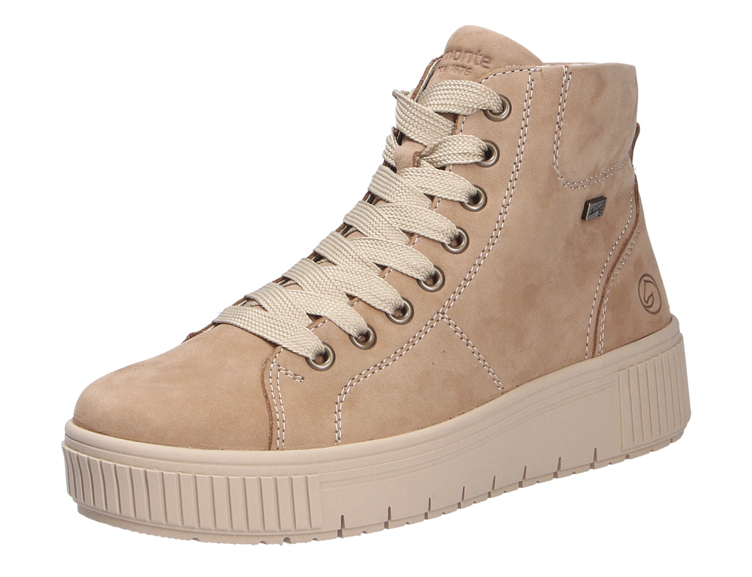 Remonte Damen Stiefel in Beige, knöchelhoher Schnürstiefel aus Nubukleder mit heller Plateau-Sohle und dekorativen Ziernähten