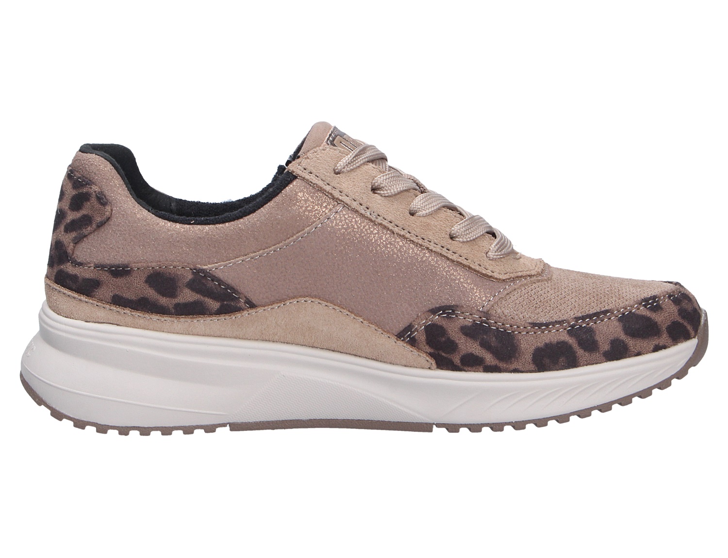 Seitenansicht des Waldläufer H-Macie Sneakers in Beige mit Glitzereffekt, Leo-Details und weißer Plateausohle