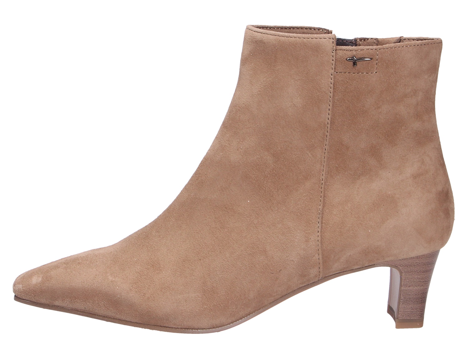 Tamaris Damen Stiefel in Taupe aus Veloursleder, eleganter Ankle Boot mit spitzer Zehenform und mittelhohem Absatz in seitlicher Ansicht
