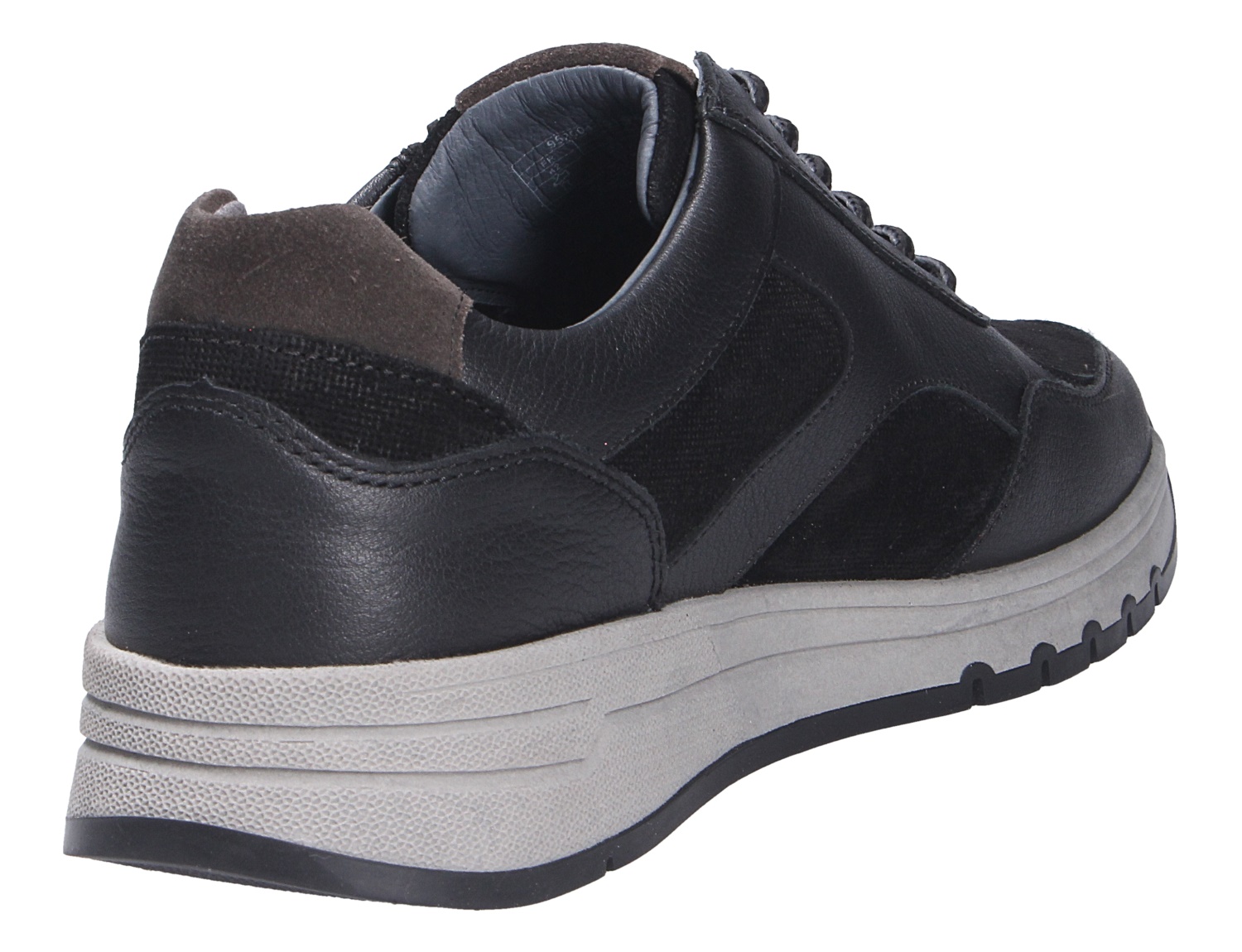 Waldläufer H-Anton schwarzer Sneaker aus Leder und Veloursleder mit heller Laufsohle in Rück- und Seitenansicht