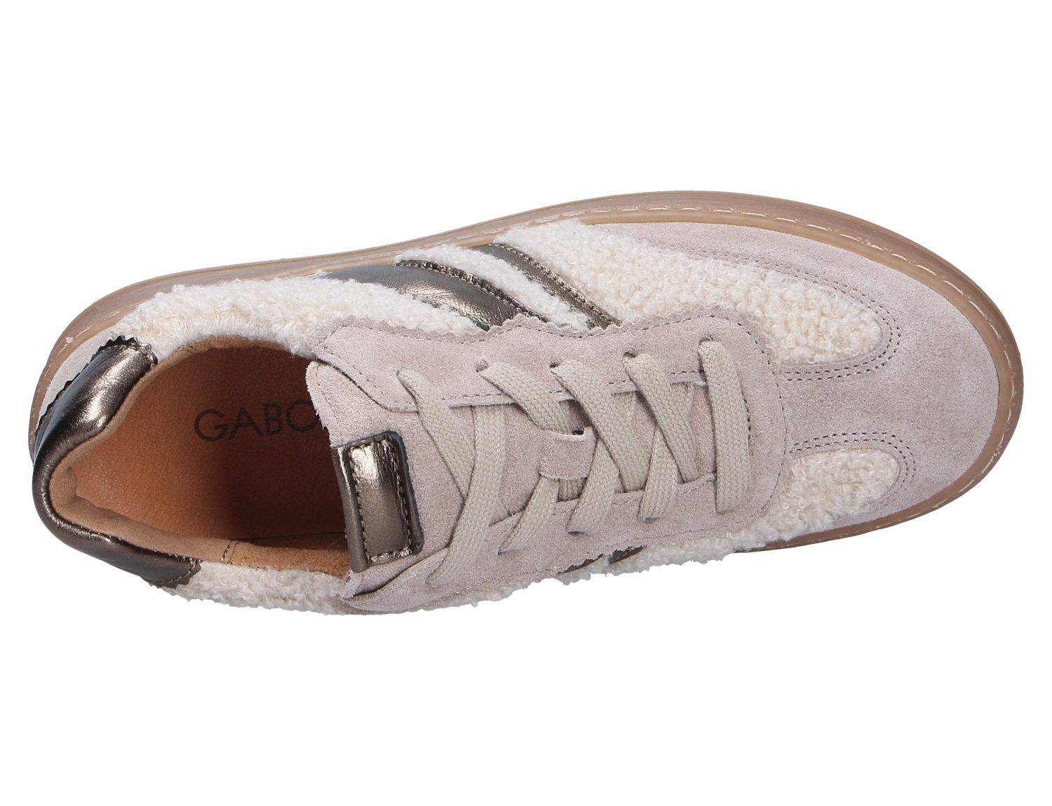 Gabor Damen Sneaker in Beige aus Veloursleder mit Teddyfell-Einsätzen, Schnürung und Metallic-Details in der Draufsicht