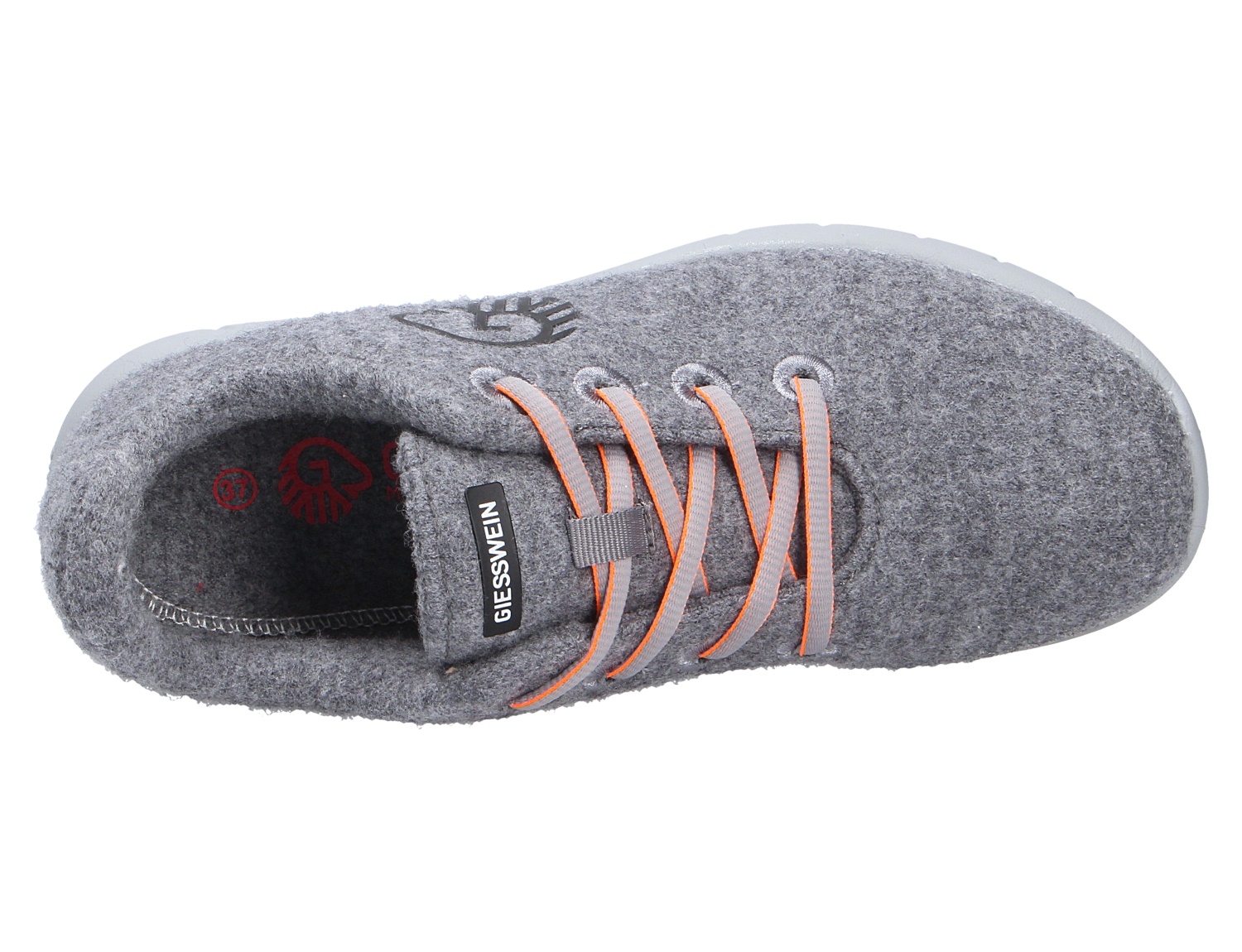 Draufsicht auf den Giesswein MERINO RUNNERS WOMEN Damen-Sneaker aus grauer Merinowolle mit orangefarbenen Schnürsenkeln