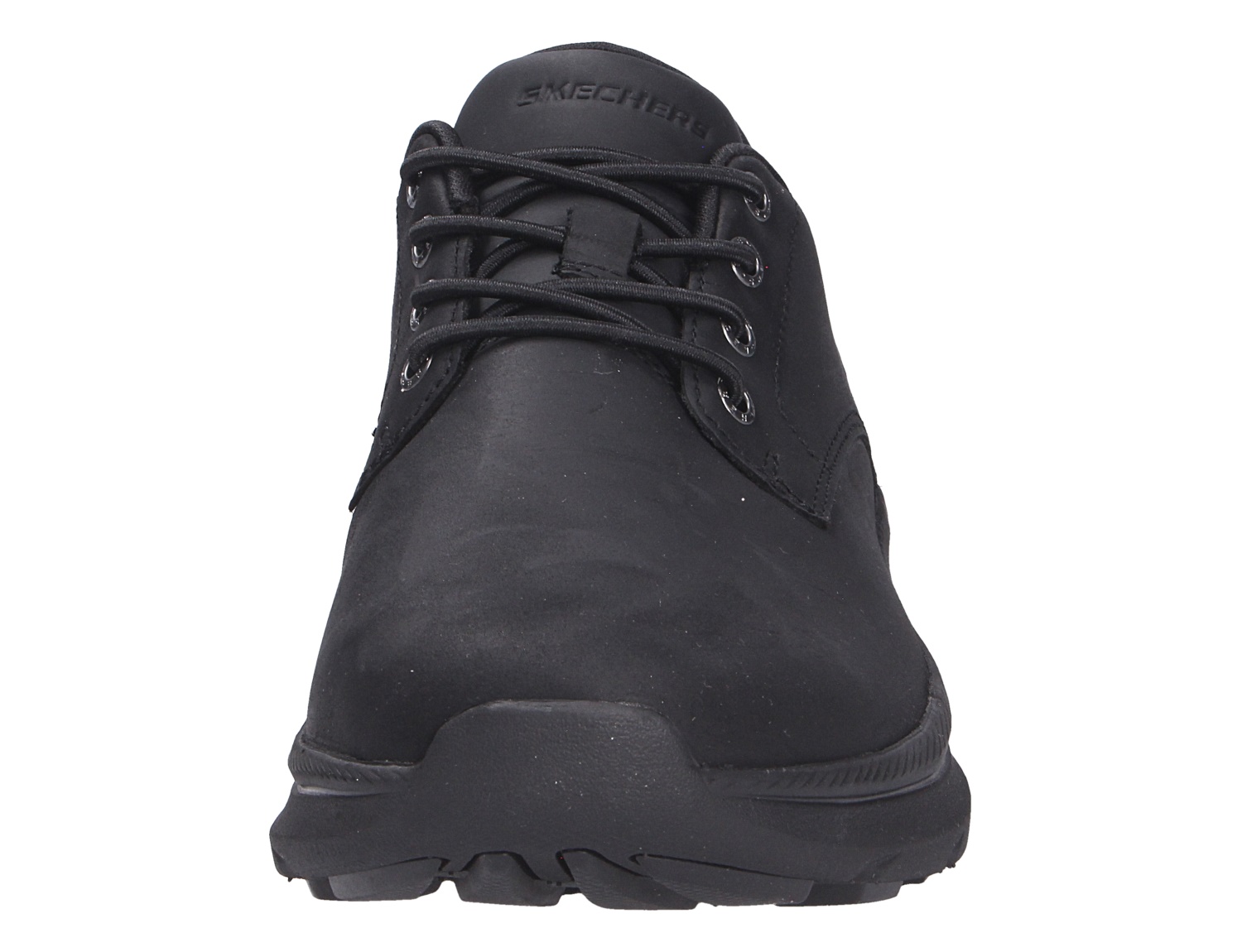 Frontalansicht der schwarzen Skechers Herren Halbschuhe mit Schnürung und robuster Sohle