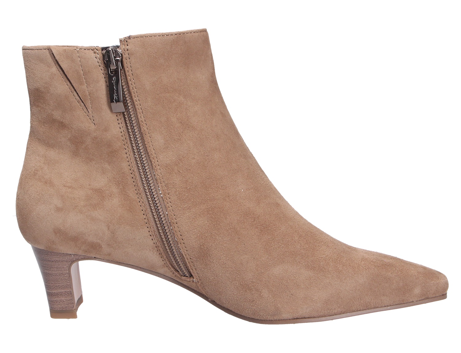 Tamaris Damen Stiefel in Taupe: eleganter Veloursleder-Stiefelette mit seitlichem Reißverschluss, spitzer Form und mittelhohem Absatz
