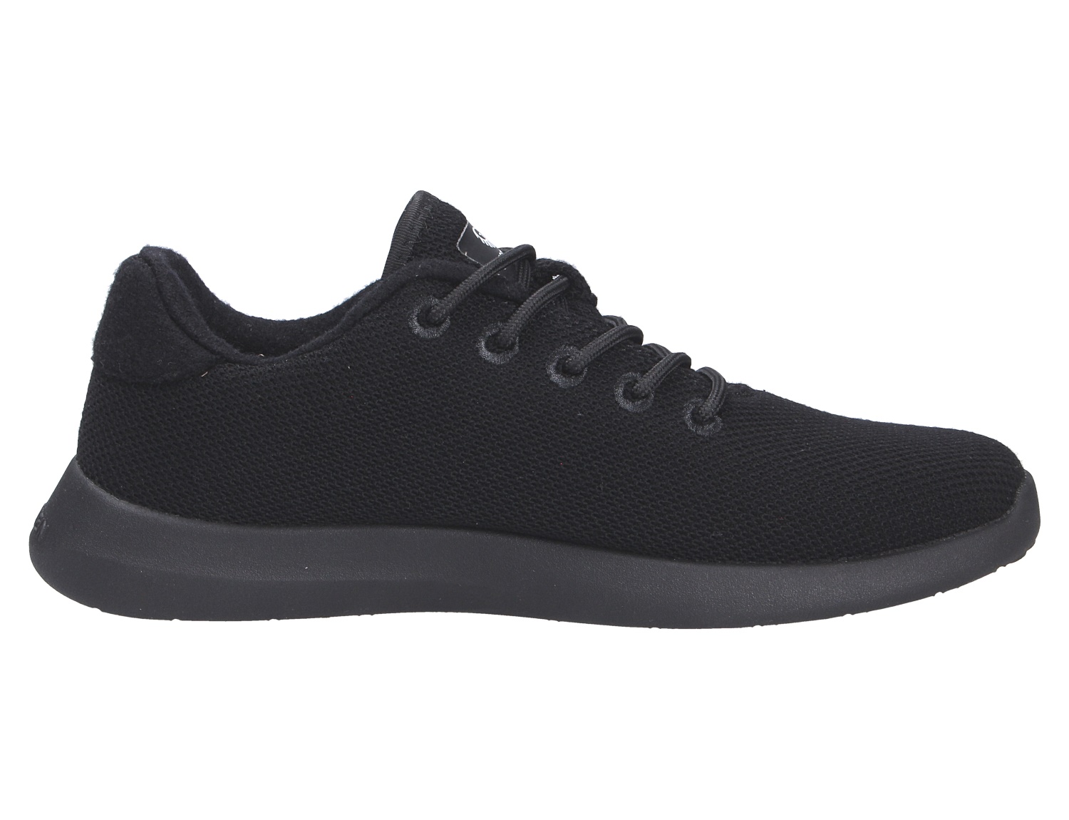 Seitenansicht des schwarzen Giesswein Herren-Sneakers MERINO WOOL KNIT MEN aus atmungsaktiver Merinowolle mit Schnürung und leichter Sohle
