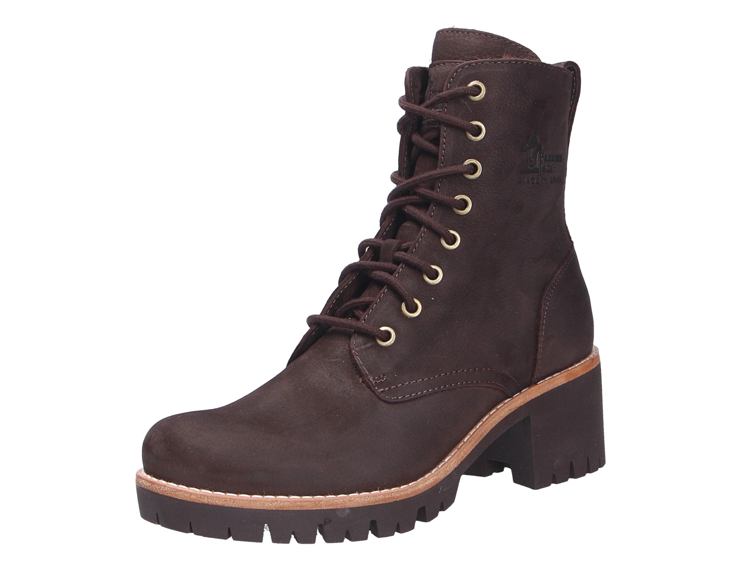 Panama Jack Padma Damen-Schnürstiefelette aus dunkelbraunem Leder mit hohem Blockabsatz, Profilsohle und seitlichem Logo