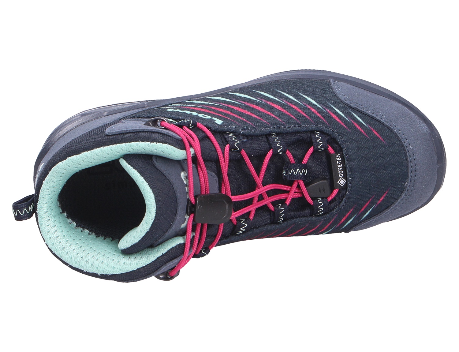 Draufsicht auf den Lowa ZIRROX II GTX MID JR, wasserdichter Kinder-Wanderschuh mit GORE-TEX in Navy mit pinken Schnürsenkeln und hellblauem Innenfutter