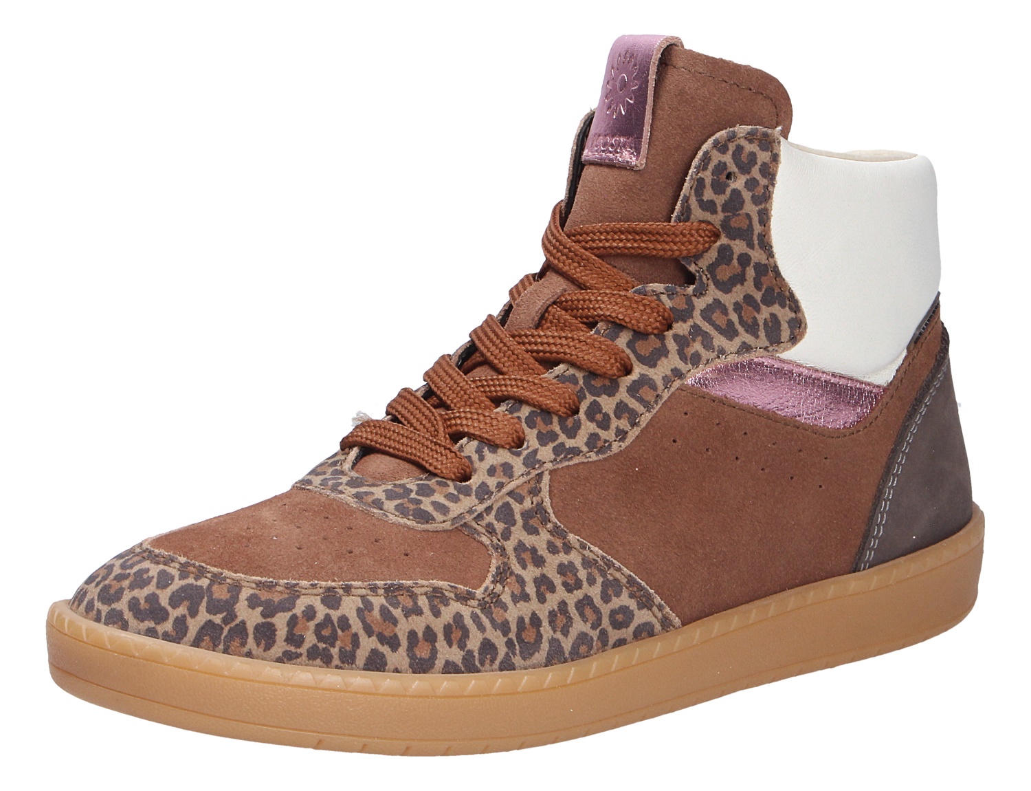 Ricosta Mädchen Sneakerboot, brauner Kinder-Sneaker mit Leo-Print, Schnürung, hohem weißem Schaft und rosa Metallic-Details