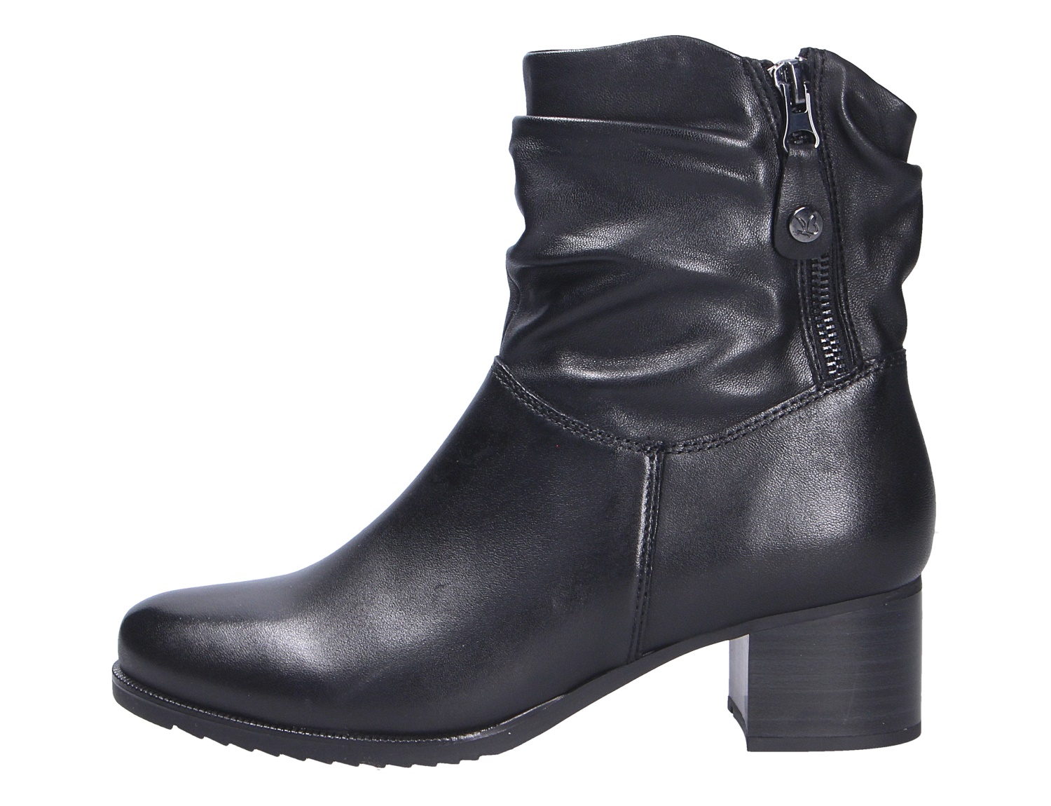 Caprice Damen Stiefel in Schwarz, knöchelhoher Lederstiefel mit gerafftem Schaft, seitlichem Reißverschluss und Blockabsatz
