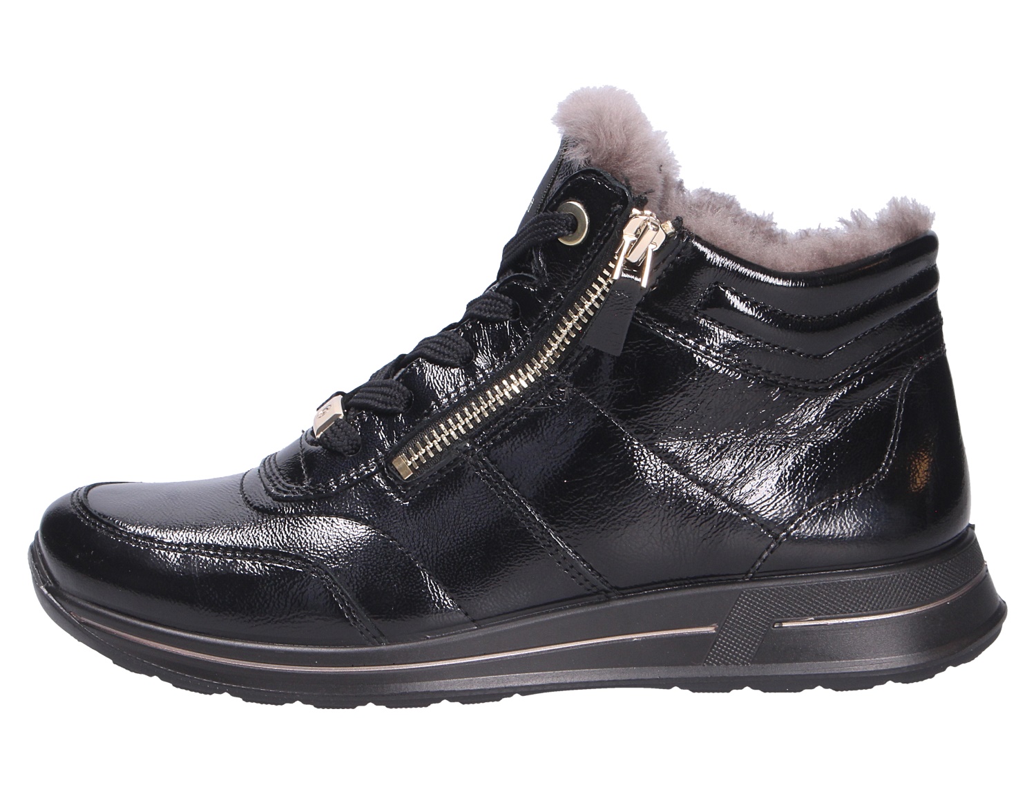Ara OSAKA Damen Winter-Sneaker in Schwarz, seitliche Ansicht, glänzendes Lackleder, Schnürung, Reißverschluss und weiches Warmfutter