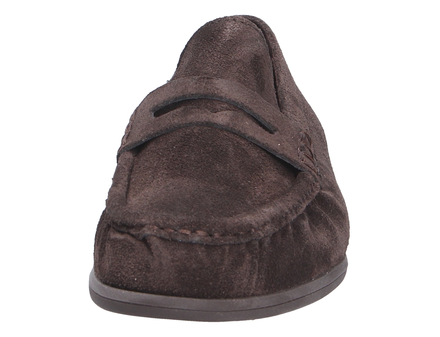 Frontansicht des Paul Green Damen Slippers aus dunkelbraunem Veloursleder mit klassischer Mokassin-Naht und Lasche
