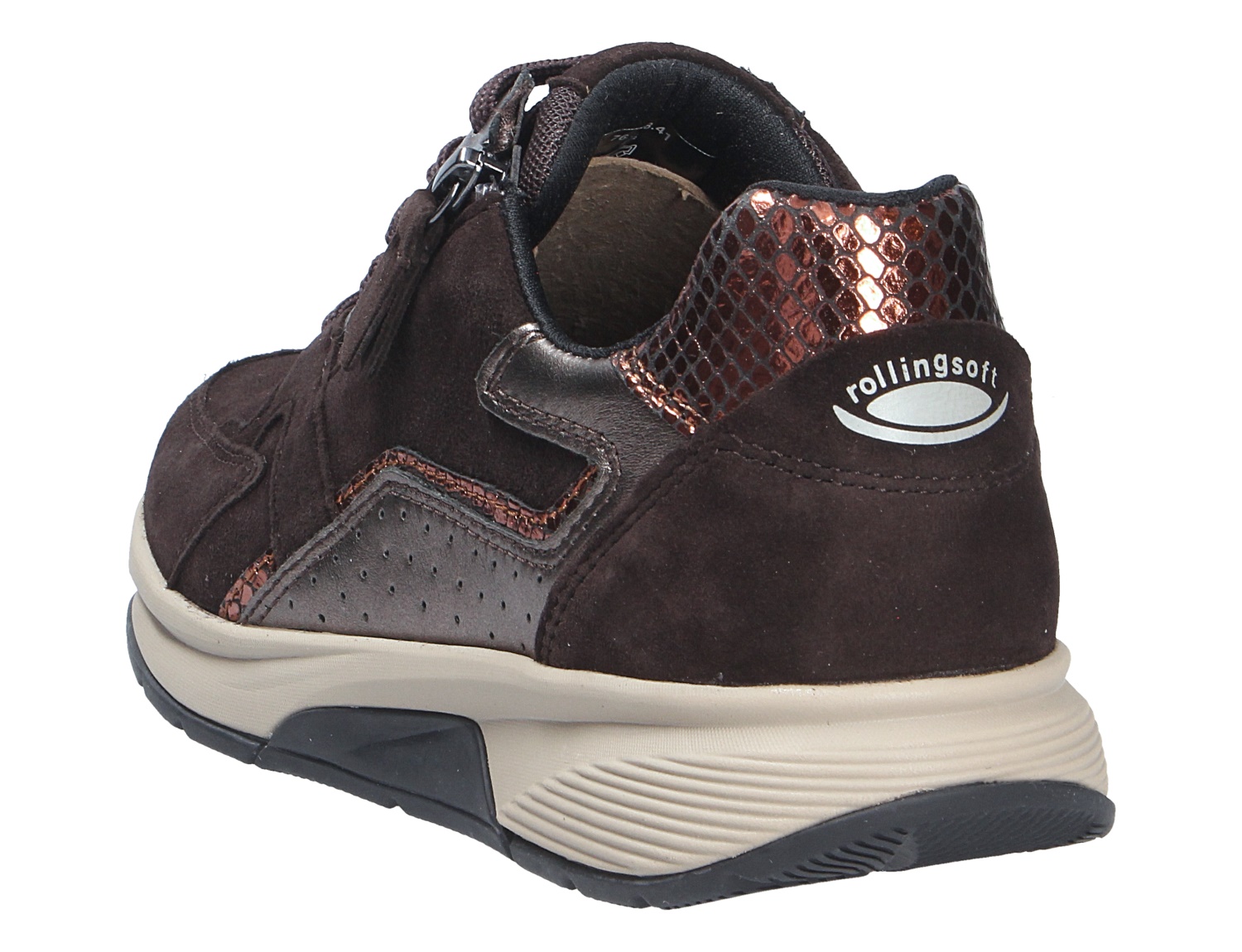 Rückansicht des Gabor Rolling Soft Sneakers in Dunkelbraun aus Veloursleder mit Reißverschluss, heller Sohle und glänzenden Metallic-Details am Schaft