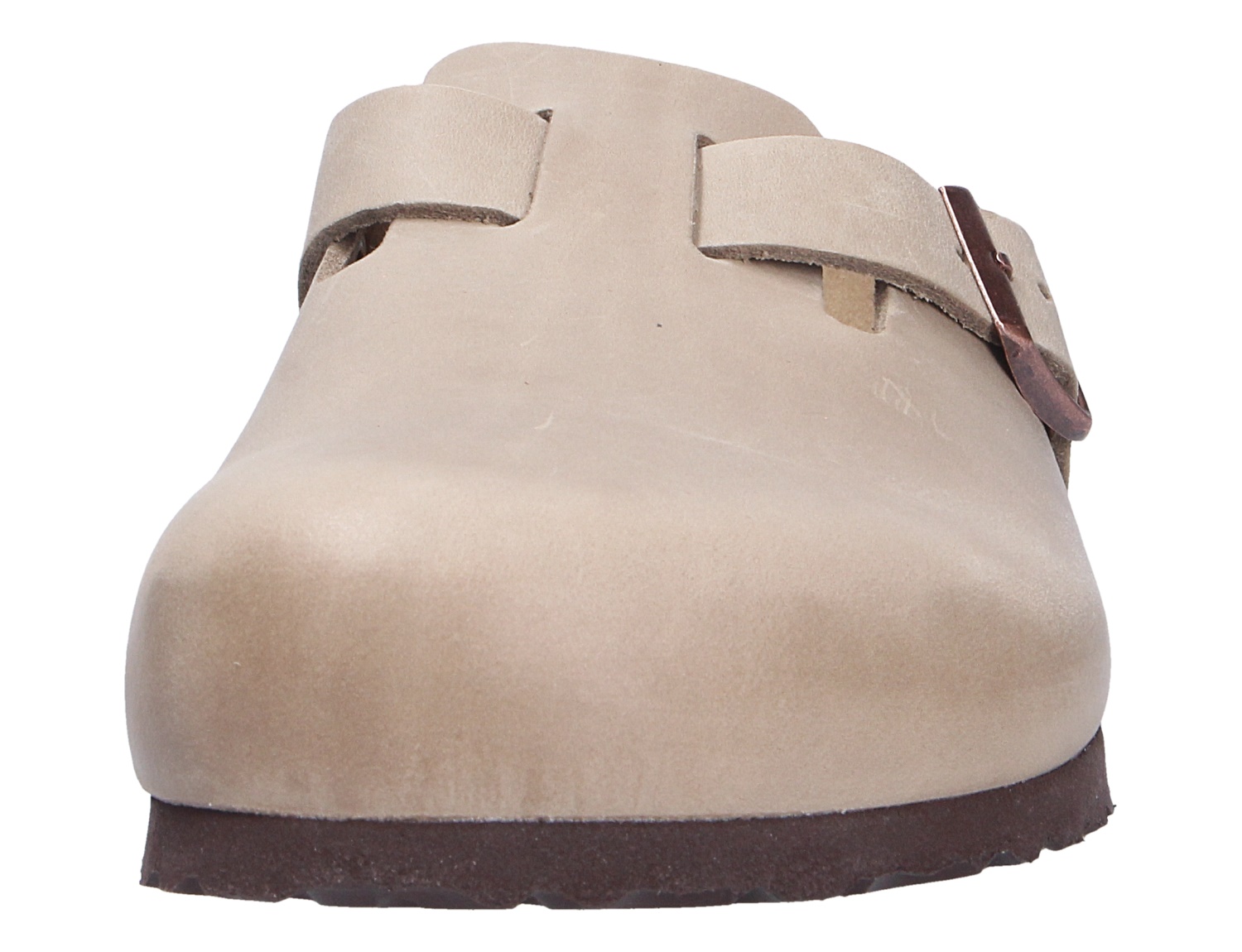 Birkenstock Boston Clog in Beige von vorne, geschlossenes Obermaterial mit verstellbarer Schnalle