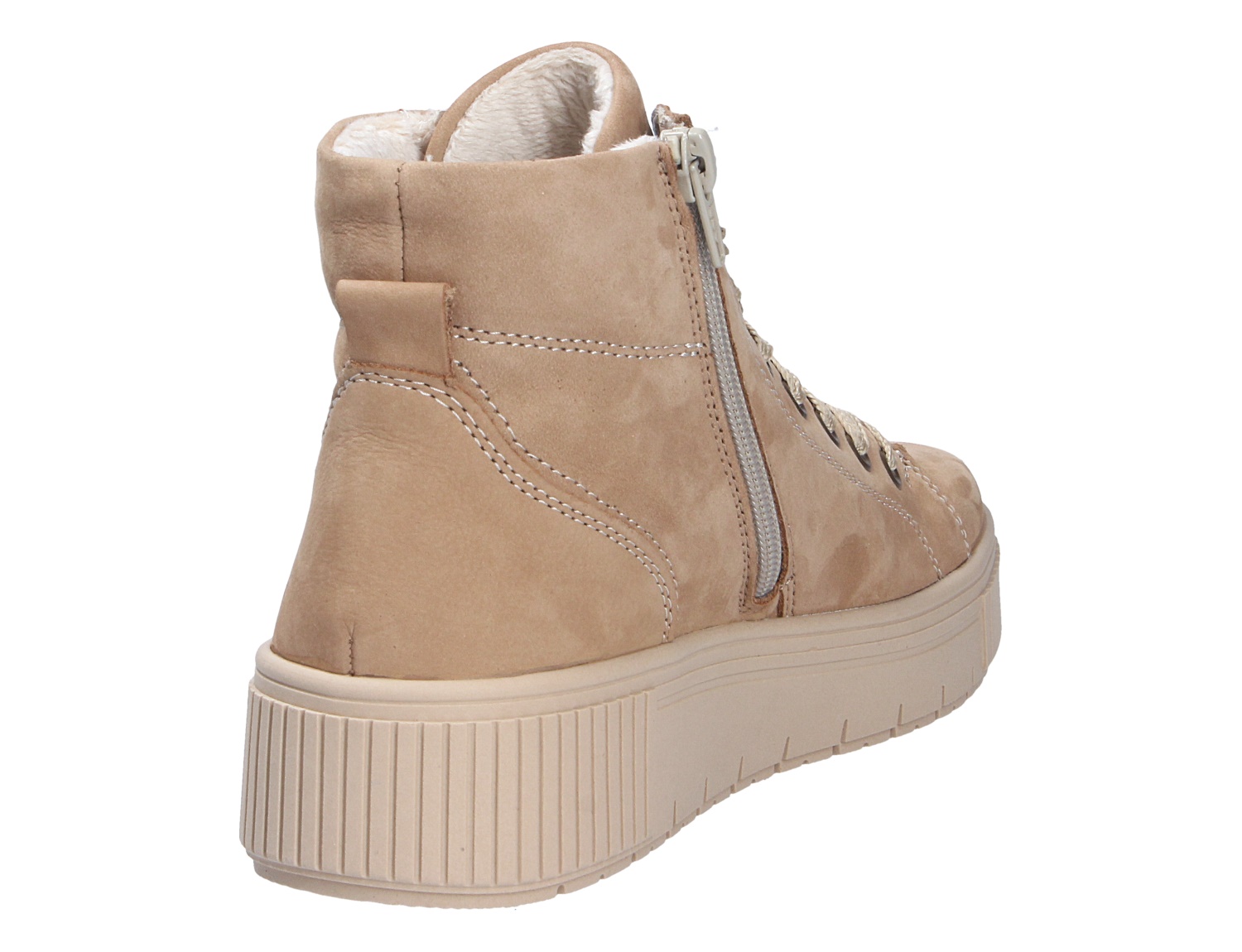 Remonte Damen Stiefel in Beige, seitliche Rückansicht eines gefütterten Schnürstiefels mit Reißverschluss und robuster Plateausohle