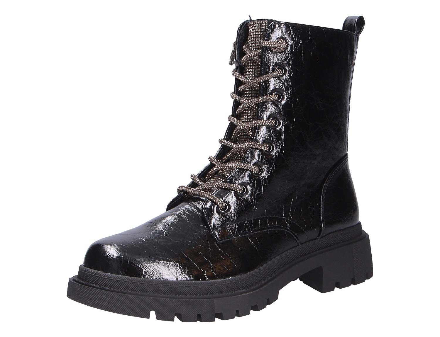 La Strada Damen Stiefel, schwarzer Schnürstiefel in glänzender Lederoptik mit Profilsohle und dekorativen Schnürsenkeln