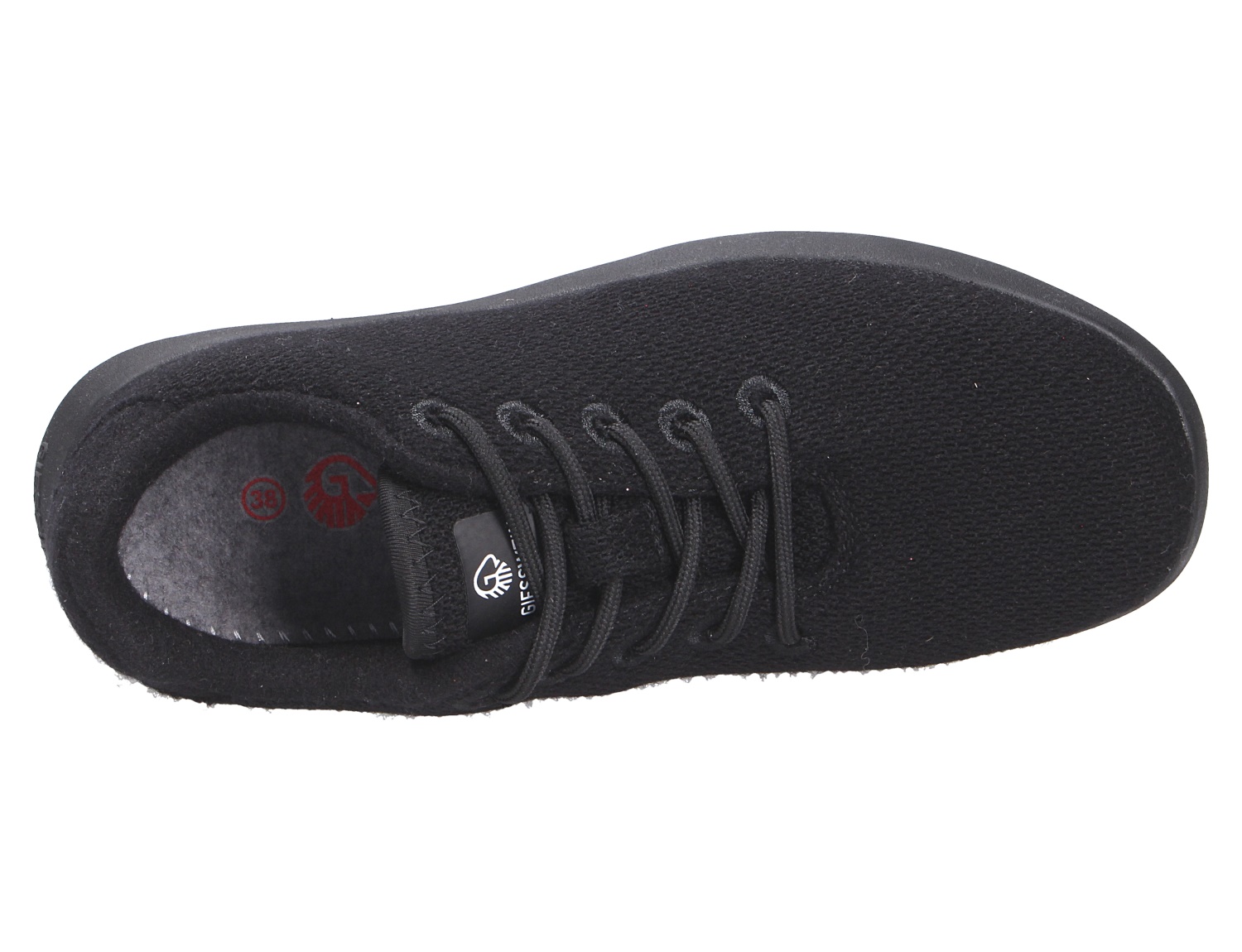 Draufsicht auf den schwarzen Giesswein MERINO WOOL KNIT WOMEN Damen-Sneaker aus Merinowolle mit Schnürung