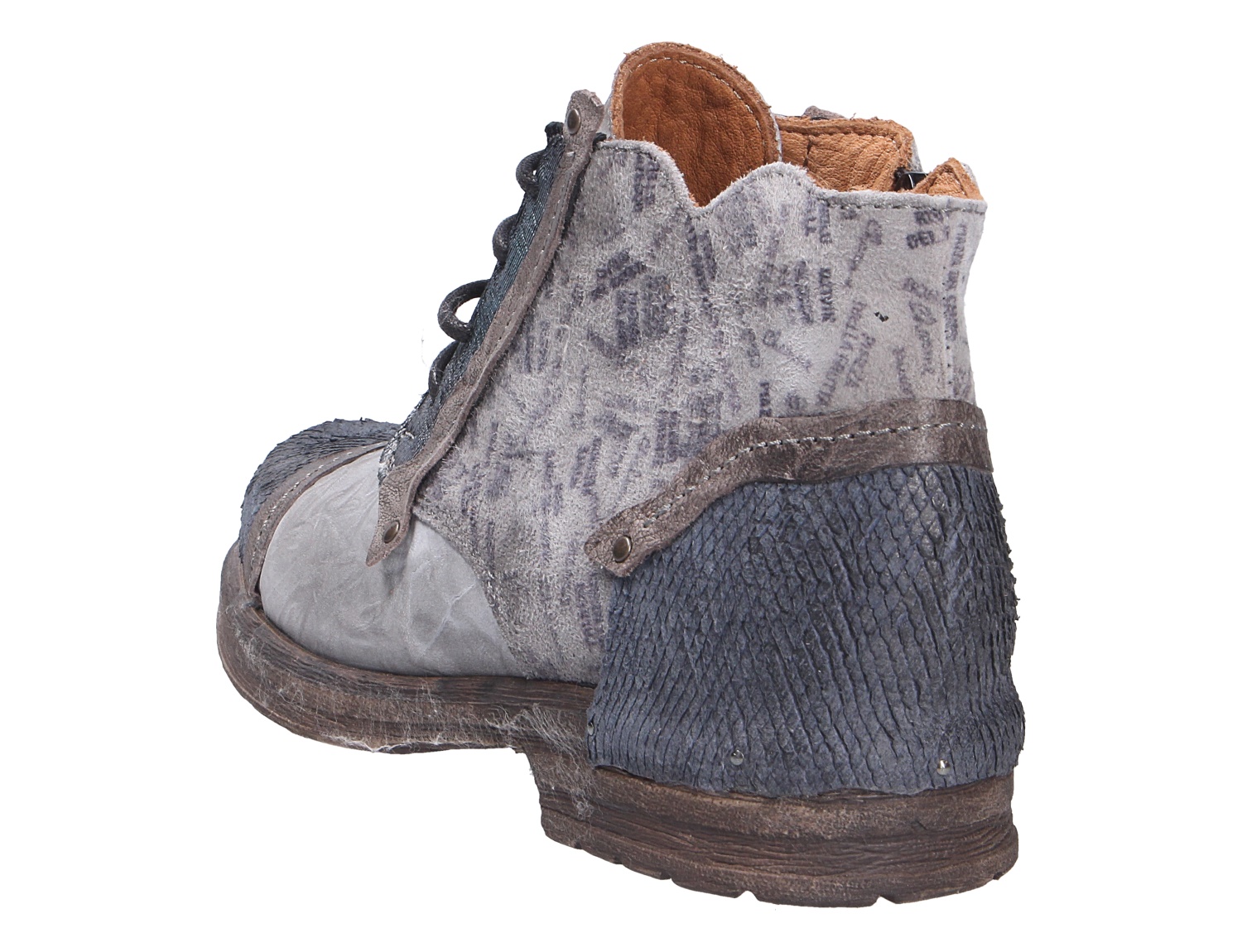 Charme ETNIC Damen-Stiefelette in Grau mit Schnürung, Reißverschluss, Print-Filzschaft und strukturierter Fersenkappe, Rück- und Seitenansicht