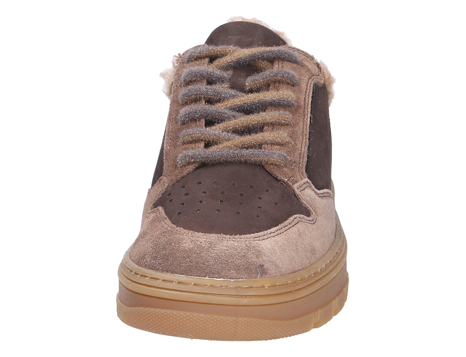 Paul Green Damen Sneaker von vorn in Braun mit Veloursleder, braunen Schnürsenkeln, Lochmuster und kuscheligem Innenfutter