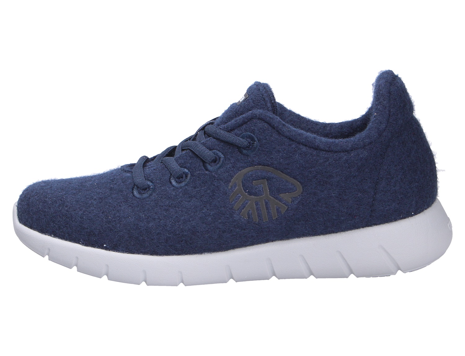 Seitenansicht des Giesswein MERINO RUNNERS WOMEN Damen-Sneakers aus dunkelblauer Merinowolle mit Schnürung und weißer Laufsohle