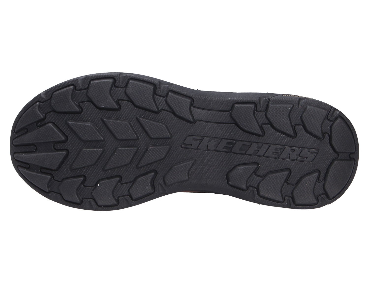 Unteransicht der schwarzen Laufsohle des Skechers Pollard mit markantem, griffigem Profil und Skechers-Logo