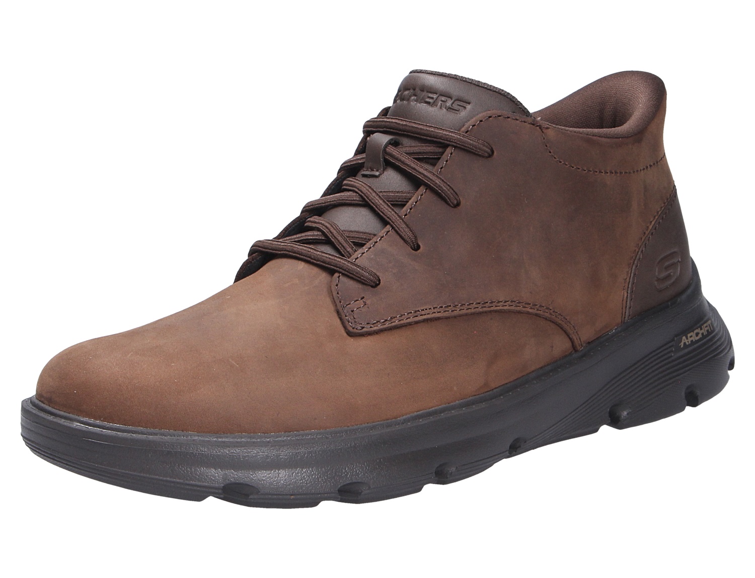 Skechers Arch Fit Herren Sneaker in Braun aus weichem Nubukleder mit Schnürung und komfortabler schwarzer Laufsohle
