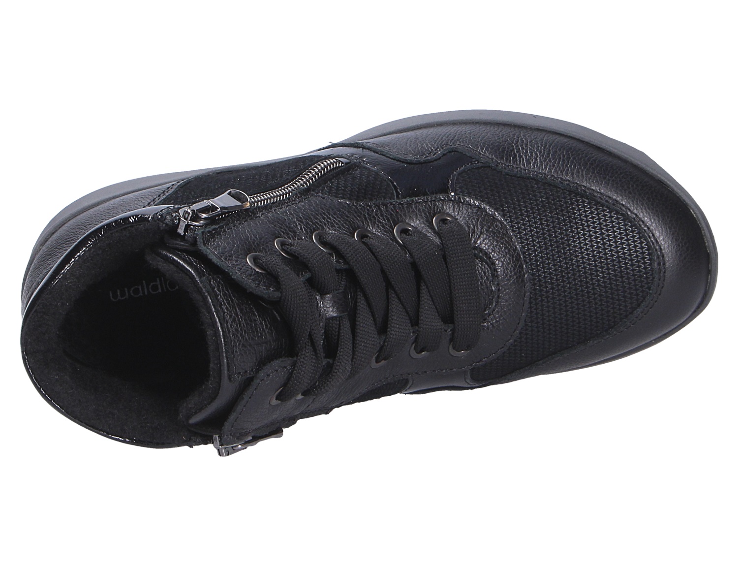 Waldläufer M-Tonia schwarzer Damen-Sneaker aus Leder und Textil mit Reißverschluss und Schnürung, Draufsicht