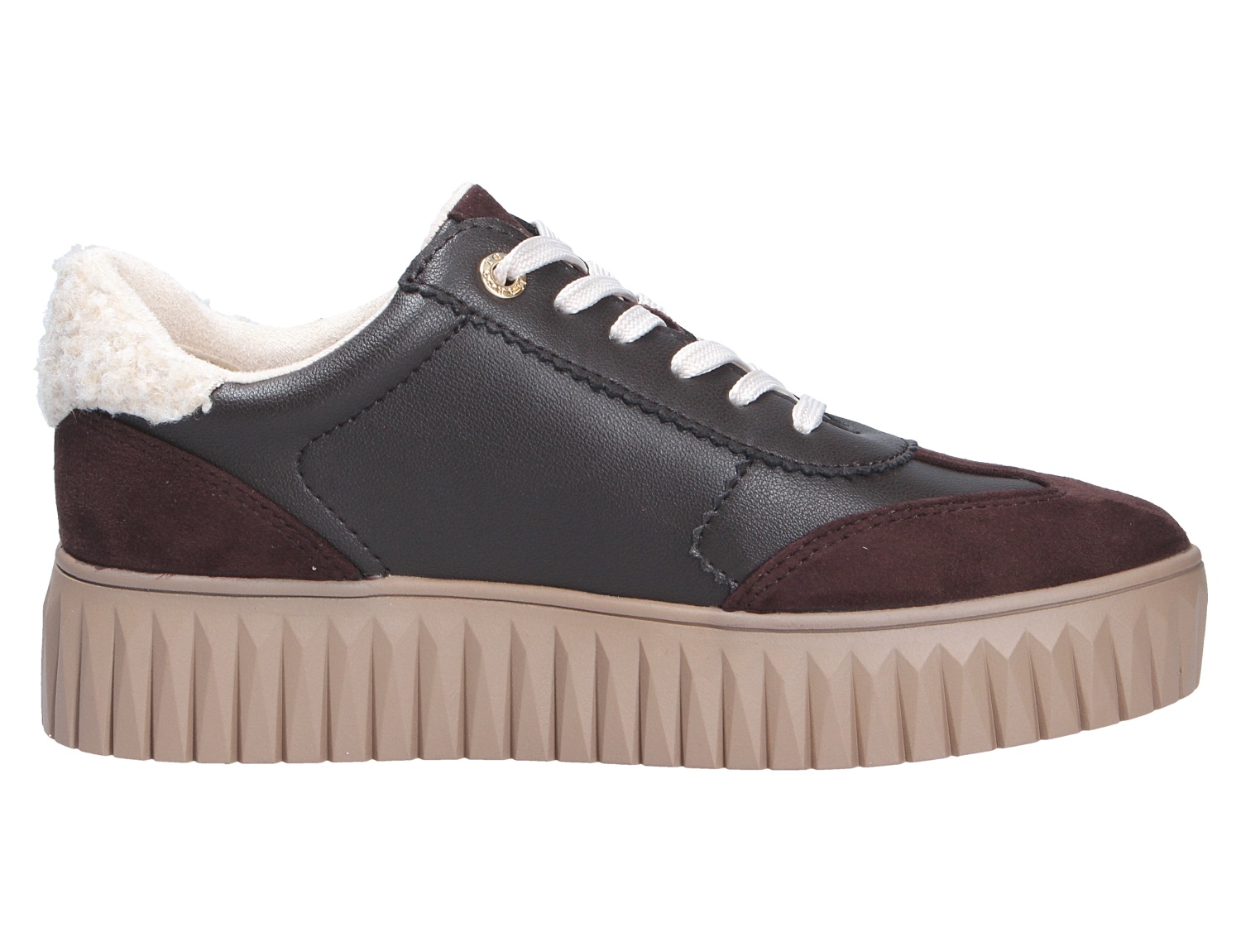 Marco Tozzi Damen Sneaker, dunkelbraun mit weißer Schnürung, Plateau-Sohle und kuscheligem Fellbesatz am Schaftrand