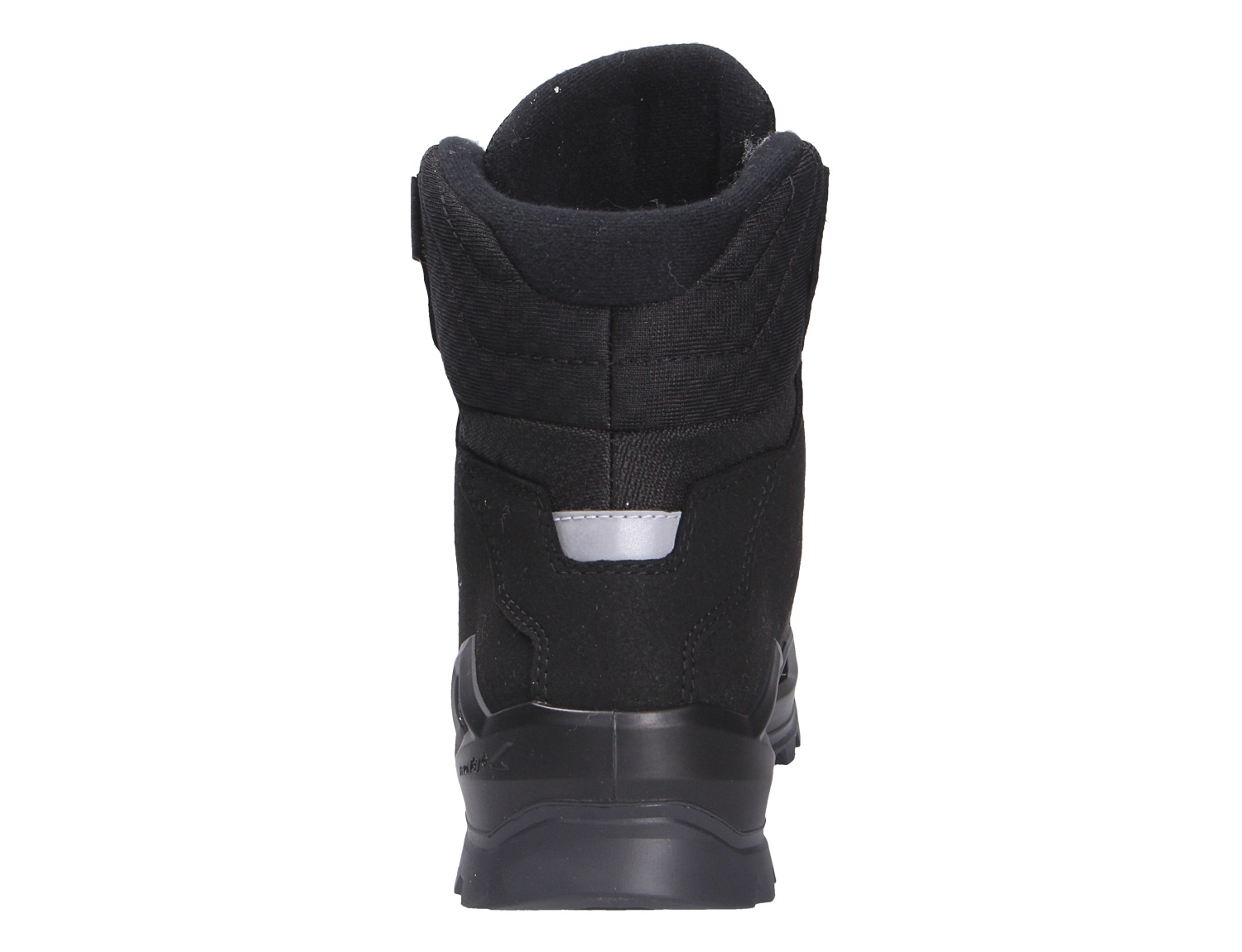 Rückansicht des Lowa MILO EVO GTX HI BOA JR, schwarzer Kinder-Winterstiefel mit hohem Schaft und robustem Profil