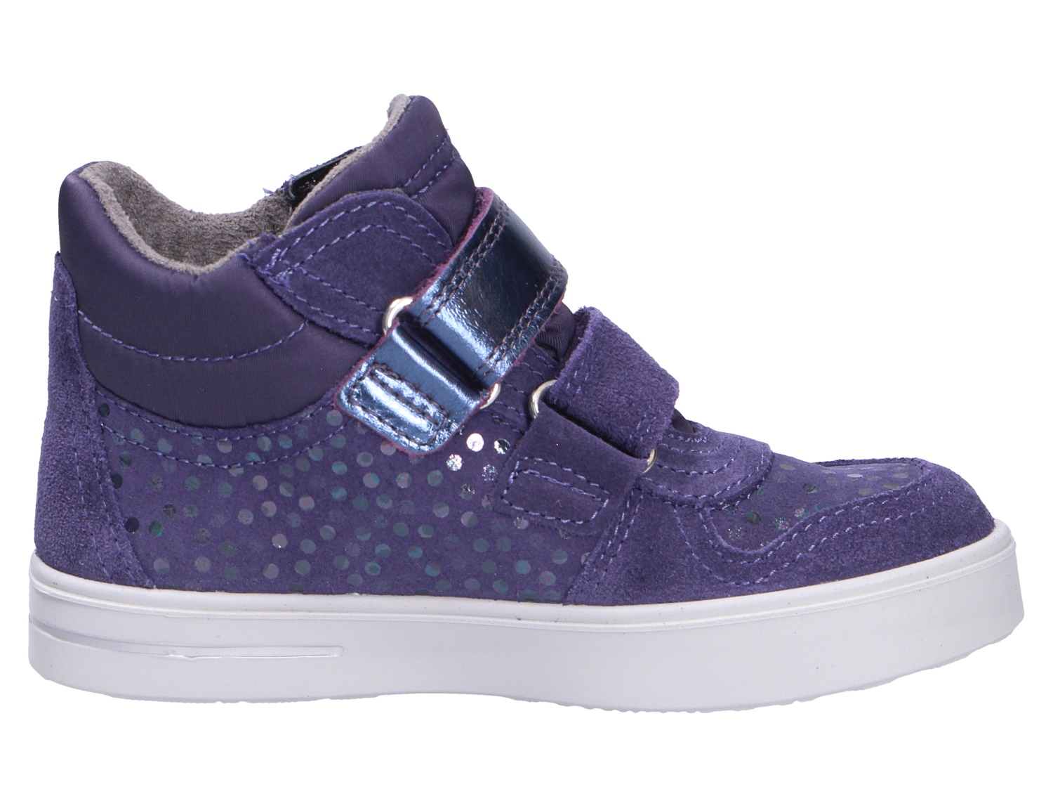 Superfit Stella Kinder-Sneaker in Lila, seitliche Ansicht, hoher Schuh mit Klettverschlüssen, Glitzerdetails und weißer Sohle