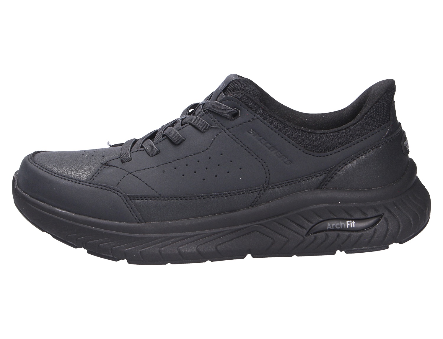 Skechers Arch Fit Sneaker in Schwarz, sportlicher Freizeitschuh mit Schnürung und stützender, dicker Laufsohle in Seitenansicht
