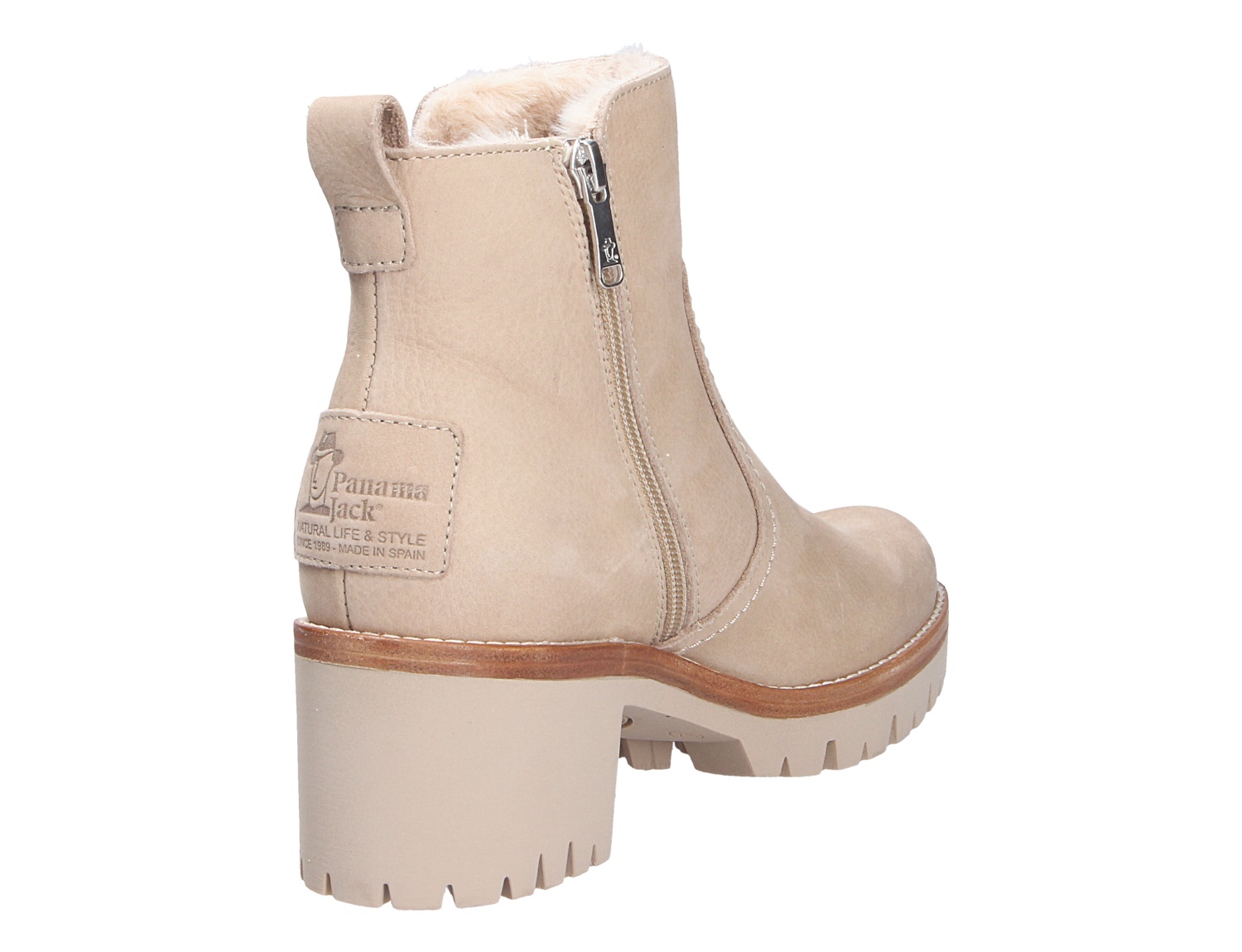 Panama Jack Pauline Damen-Stiefelette in Beige aus Leder mit seitlichem Reißverschluss, Warmfutter, Profilsohle und hohem Blockabsatz