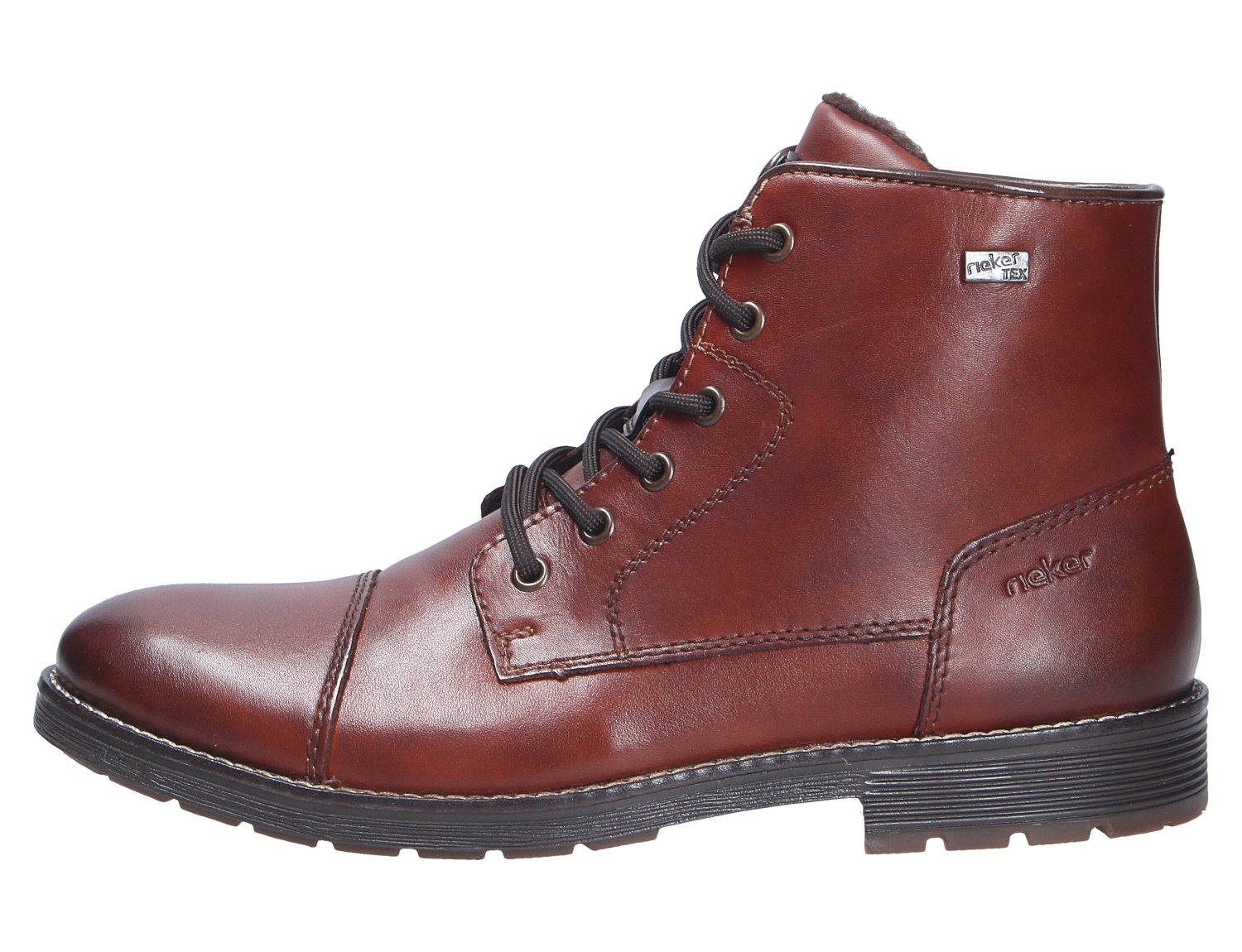Rieker Herren Stiefel in Braun aus Glattleder, seitliche Ansicht mit Schnürung, Tex-Membran und robuster Profilsohle