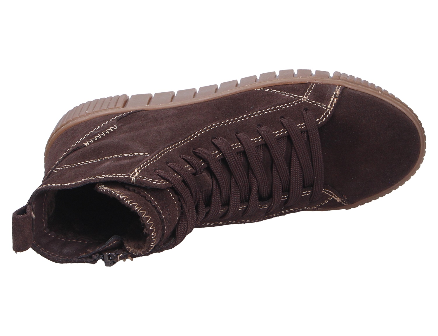 Tamaris Damen Stiefel aus dunkelbraunem Veloursleder mit Schnürung, seitlichem Reißverschluss und profilierter Sohle, schräg von oben gezeigt