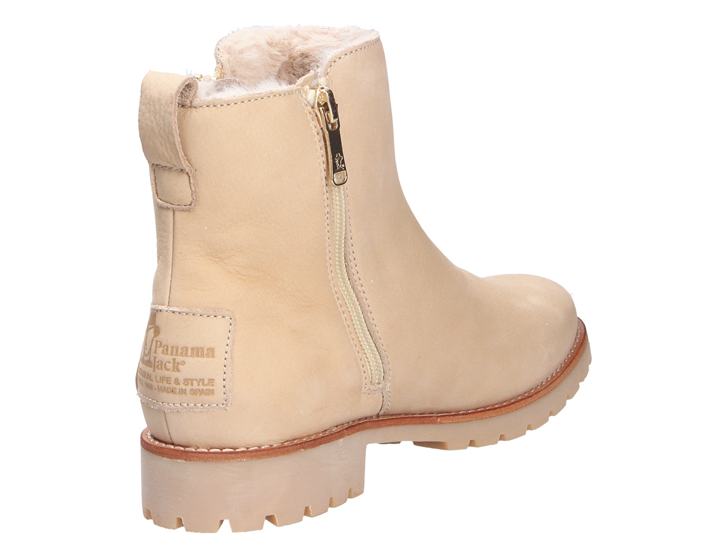 Panama Jack Fiore Damen Stiefelette in Beige, seitliche Ansicht mit Reißverschluss, Profilsohle und warmem Innenfutter