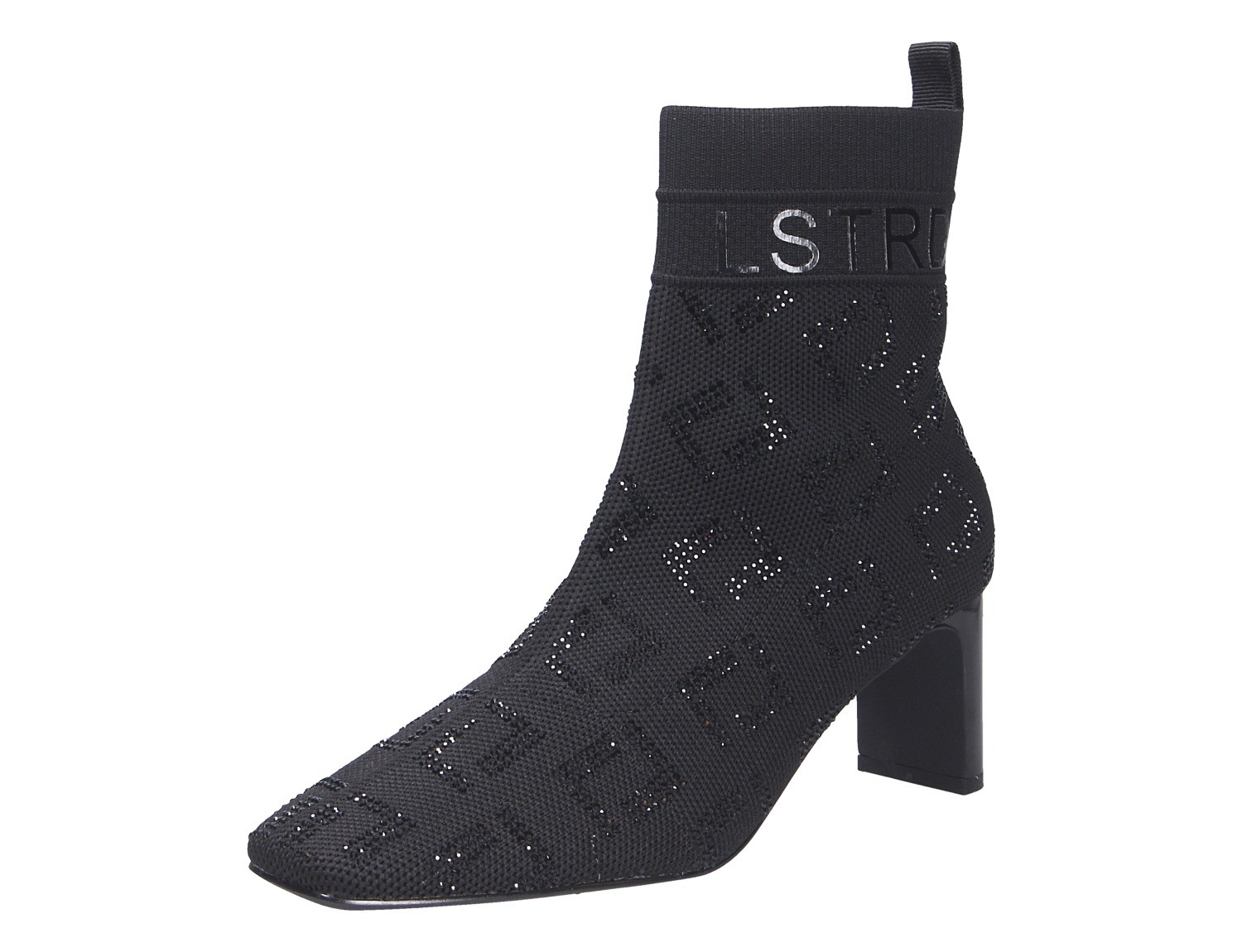 La Strada Damen Stiefel, schwarzer Sock-Boot mit Blockabsatz, spitzer Form und glitzerndem Strickmaterial