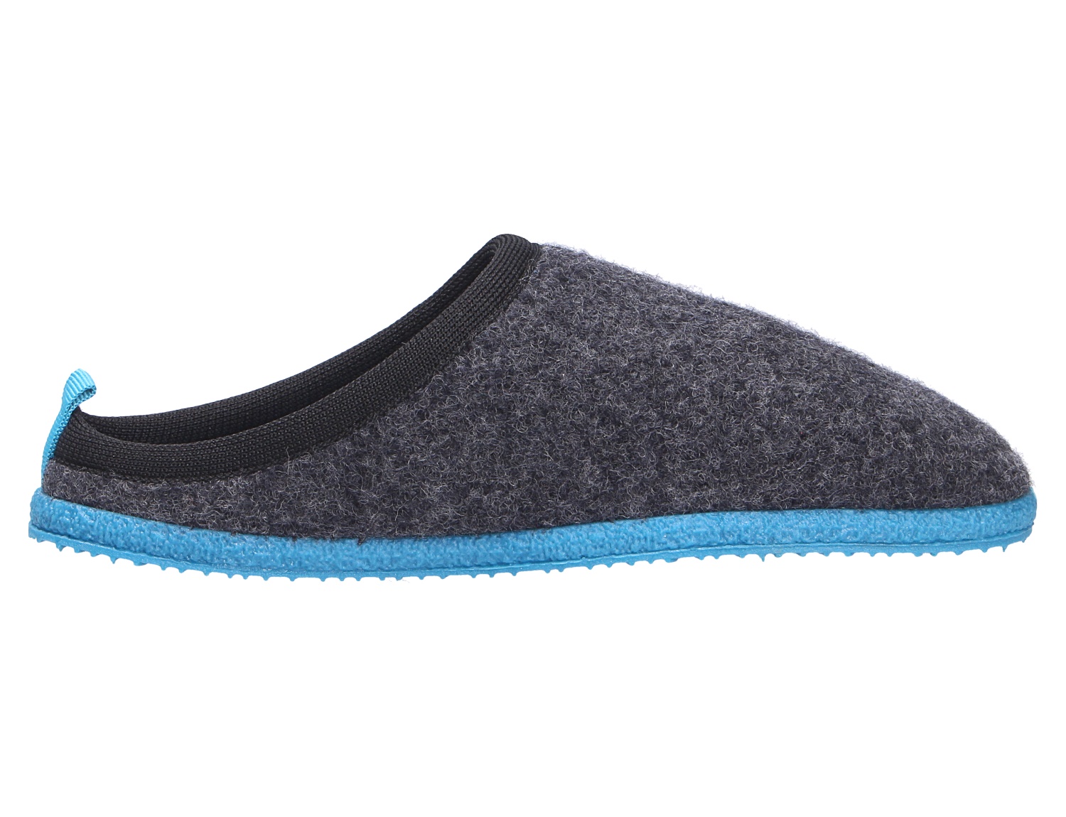 Seitenansicht des Giesswein WOOLPOPS Hausschuhs aus dunkelgrauer Wolle mit hellblauer Sohle