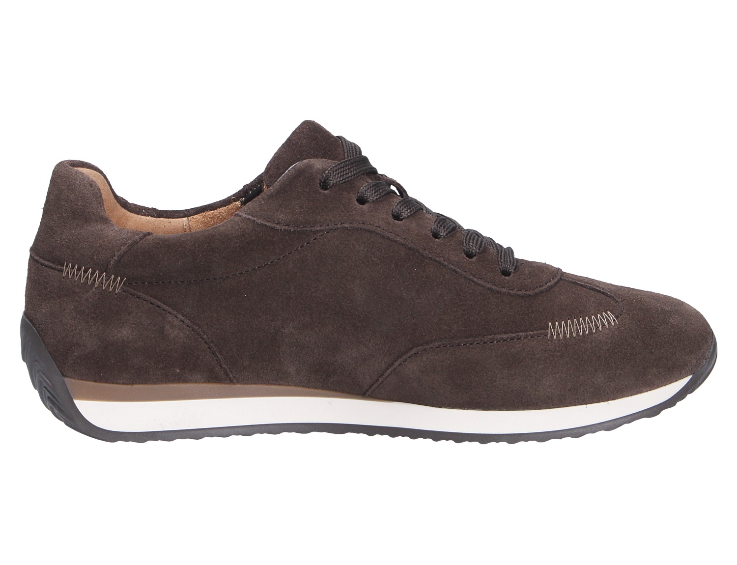 Gabor Damen Sneaker aus braunem Veloursleder mit Schnürung und weißer Laufsohle, seitliche Produktansicht