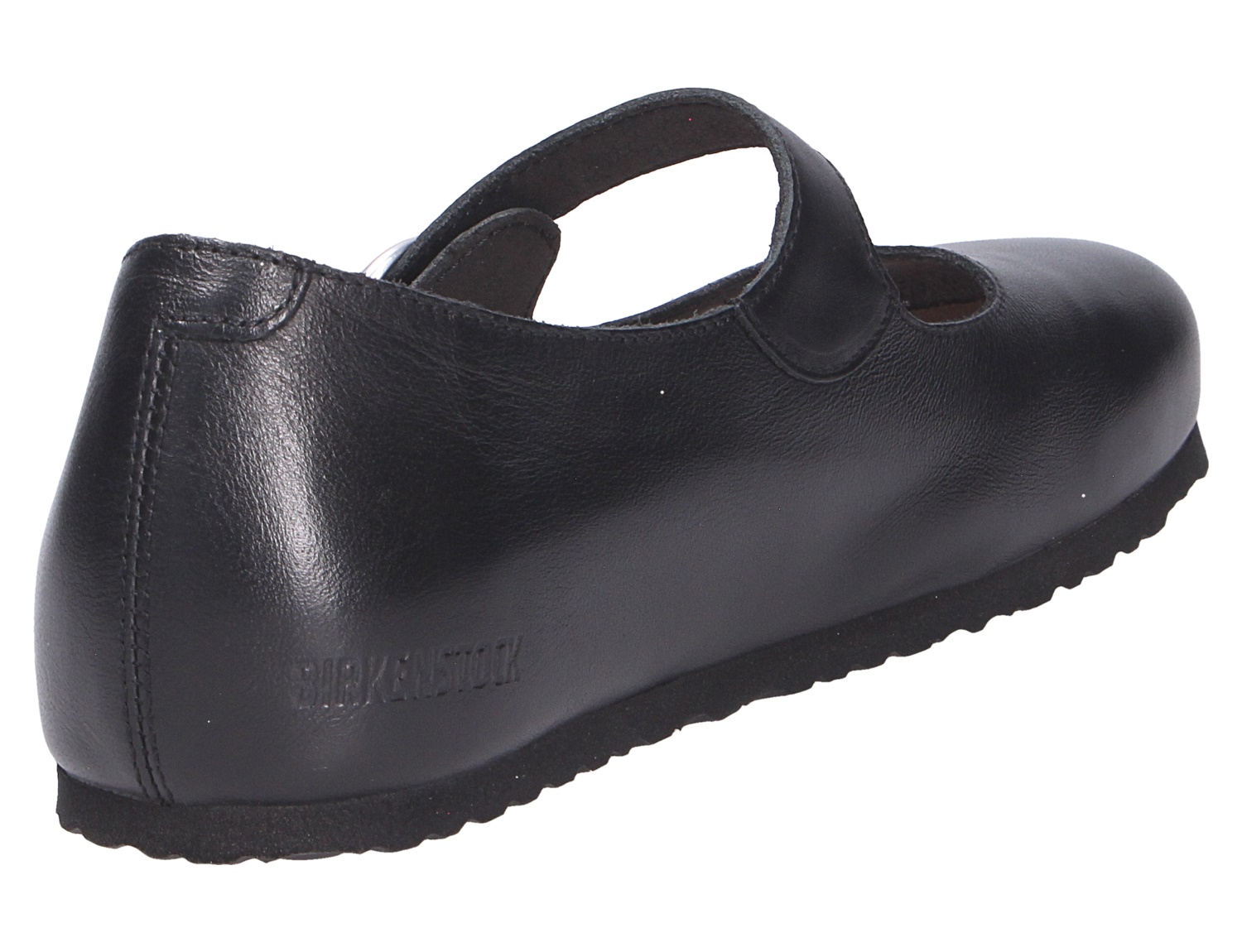 Birkenstock Santa Clarita in Schwarz, bequemer Mary-Jane-Schuh aus Leder mit Klettverschluss und rutschhemmender Sohle, Seitenansicht von hinten