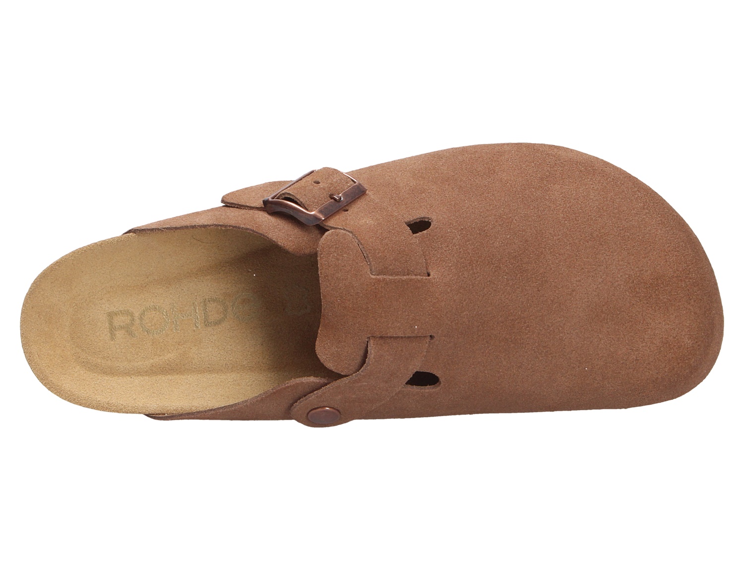 Draufsicht auf den braunen Rohde GRADO Clog aus Veloursleder mit verstellbarer Schnalle und geschlossener Vorderkappe